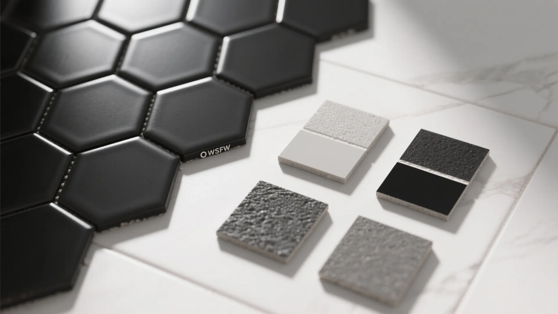 Flatlay of black hex tile samples with light gray and black grout swatches