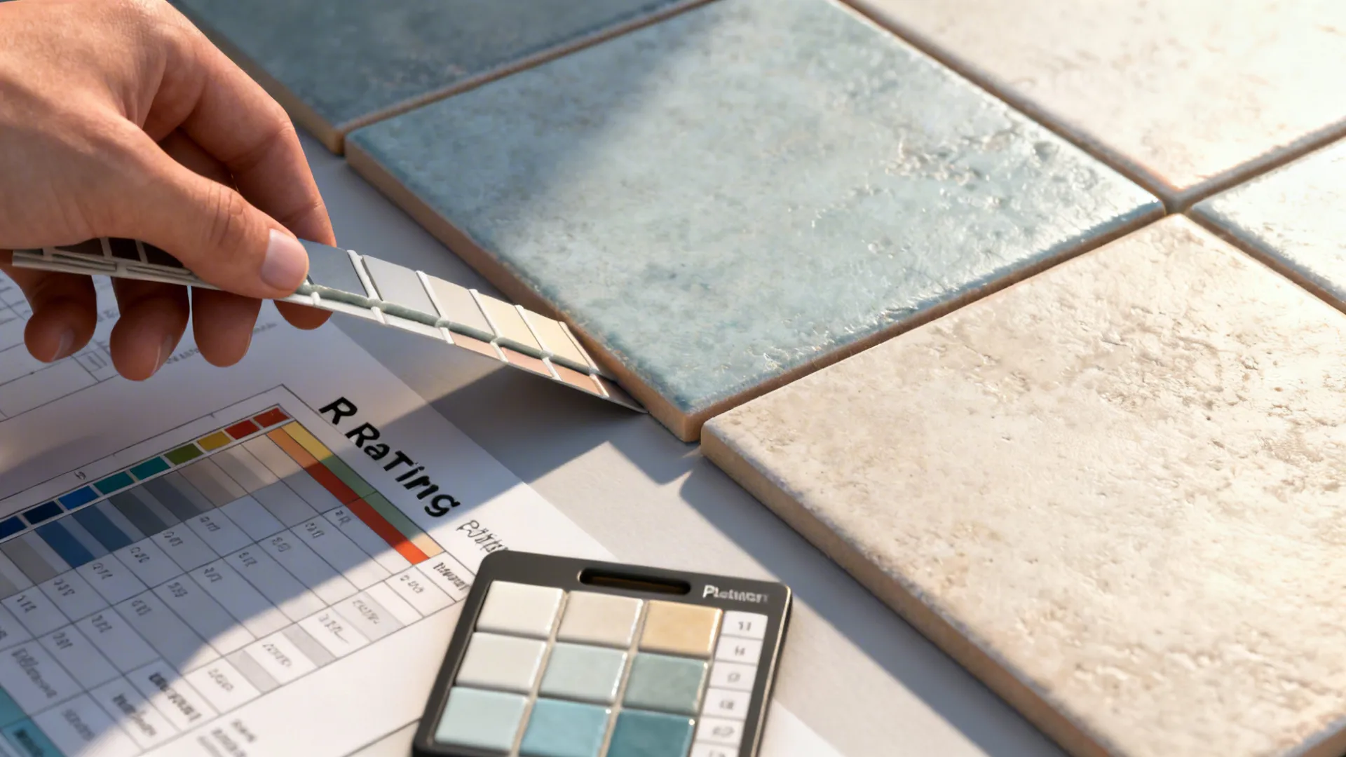 Macro of grout samples and tile edges showing color matching and planning tools