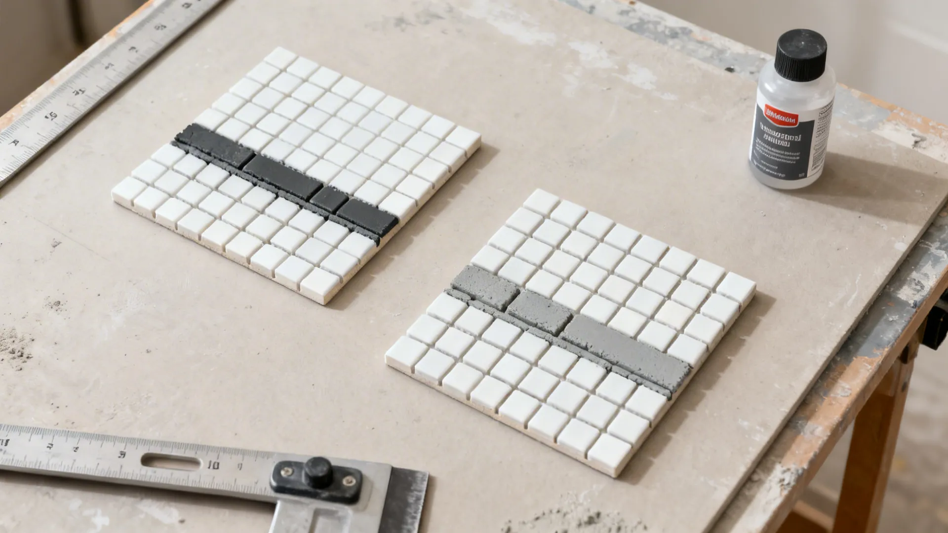 Top-down view comparing charcoal and mid-gray grout on white mosaic sample boards.