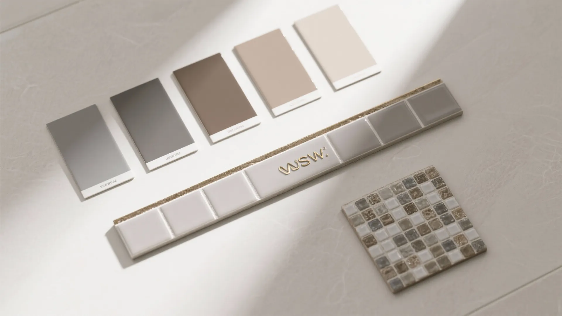 Neutral color swatches next to a long ceramic tile and a small square mosaic sample