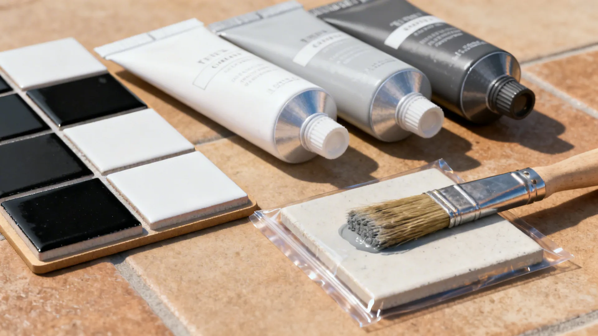Grout sample tubes and tile swatches showing white, gray and charcoal grout options for black-and-white bathrooms.