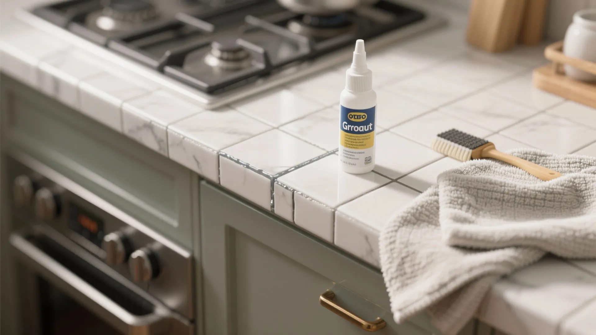 Sealed grout line with grout sealer bottle and cloth, demonstrating maintenance for small tile backsplashes.