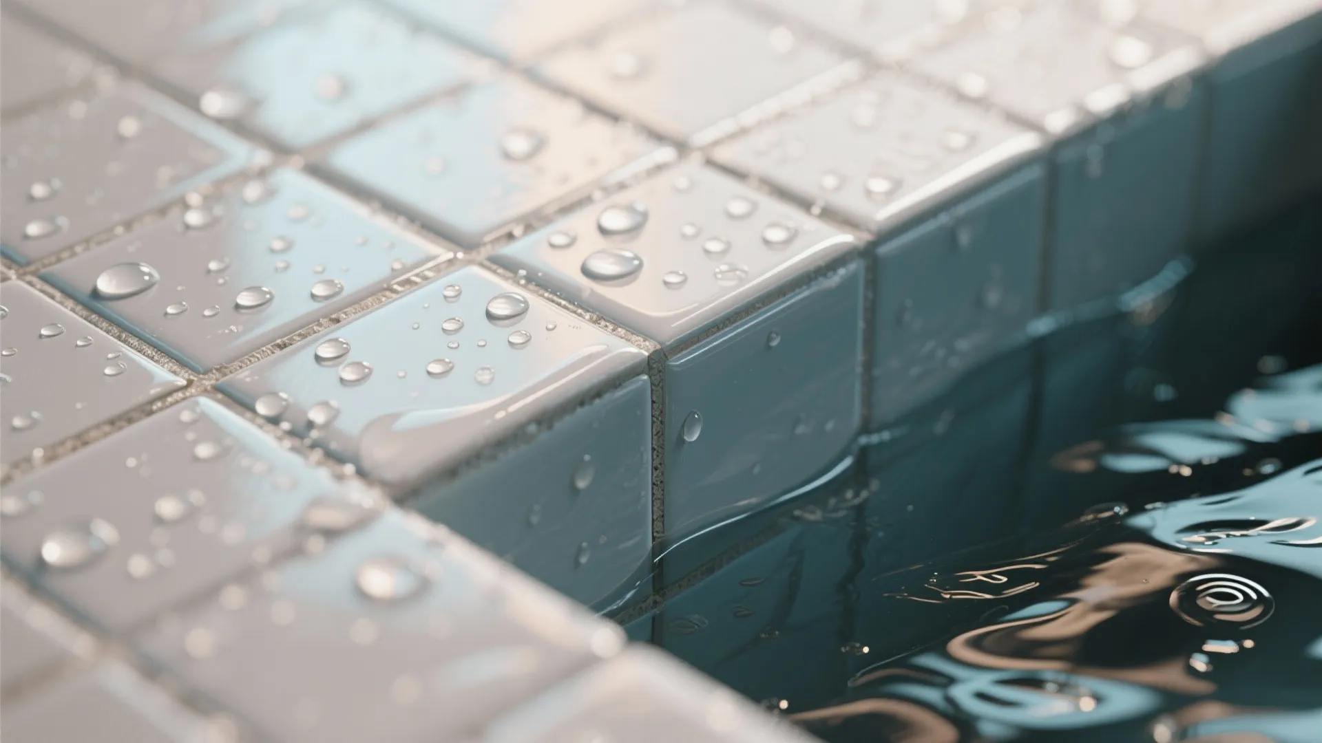 Close-up of sealed grout and semi-gloss paint showing water resistance