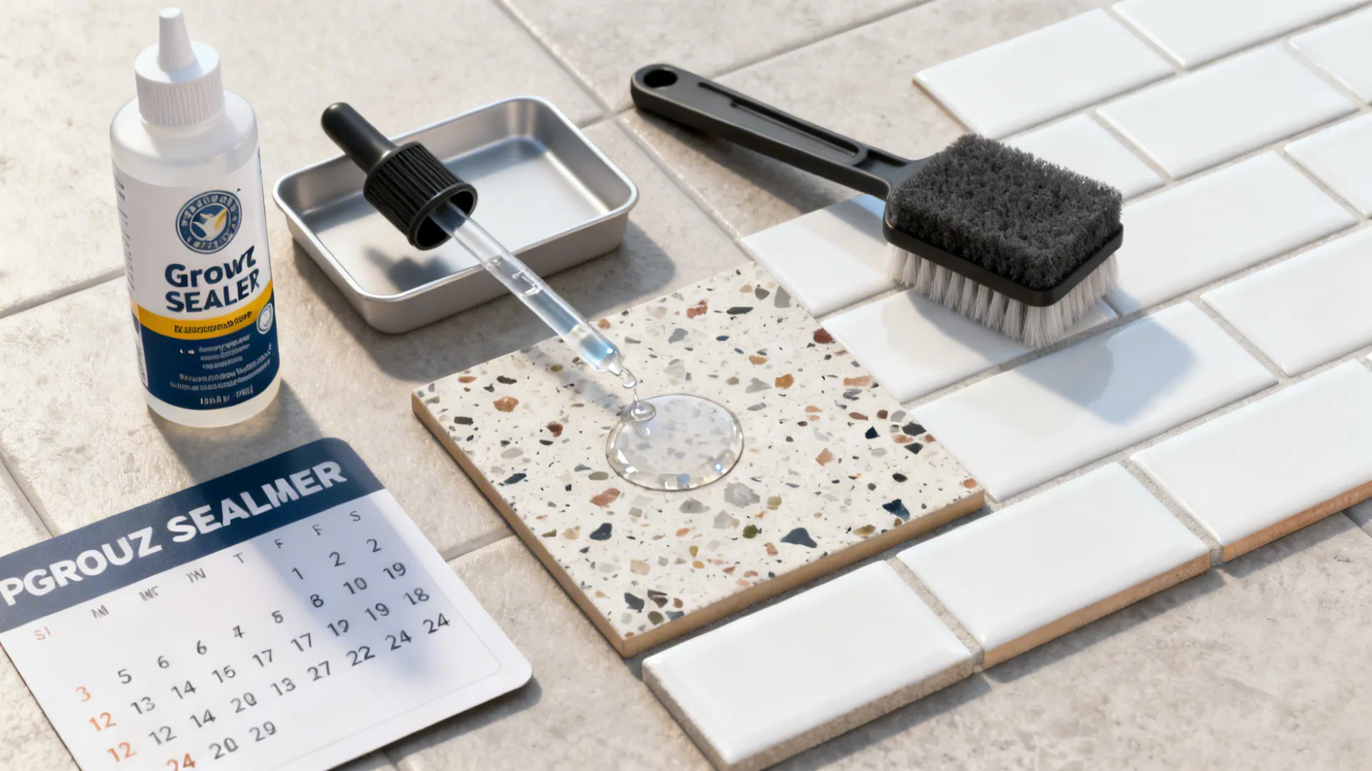 Flat lay of a penetrating sealer with applicator and tile samples showing water beading.