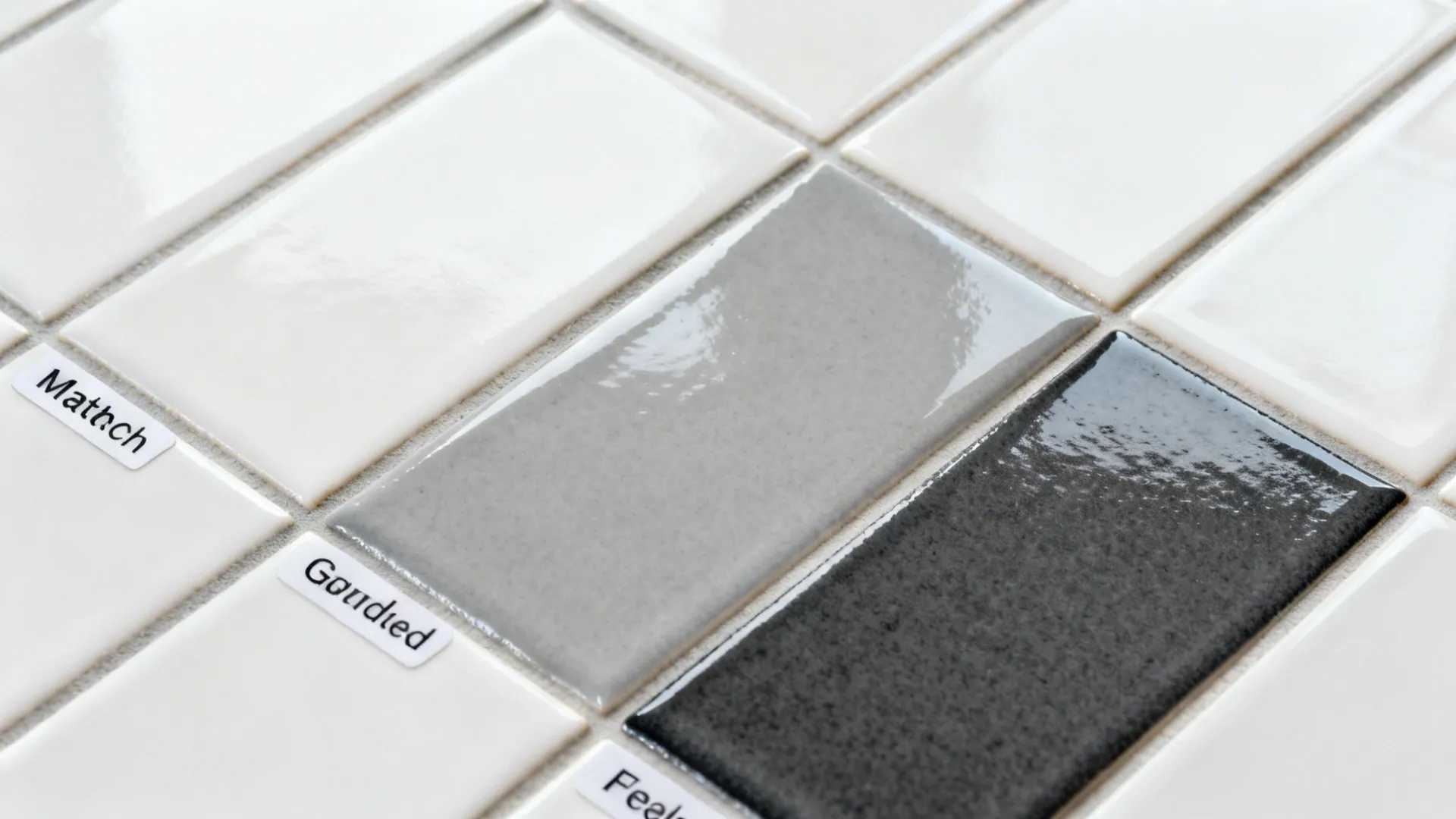 Top-down swatches comparing grout colors and sealed versus unsealed finishes on white tile.