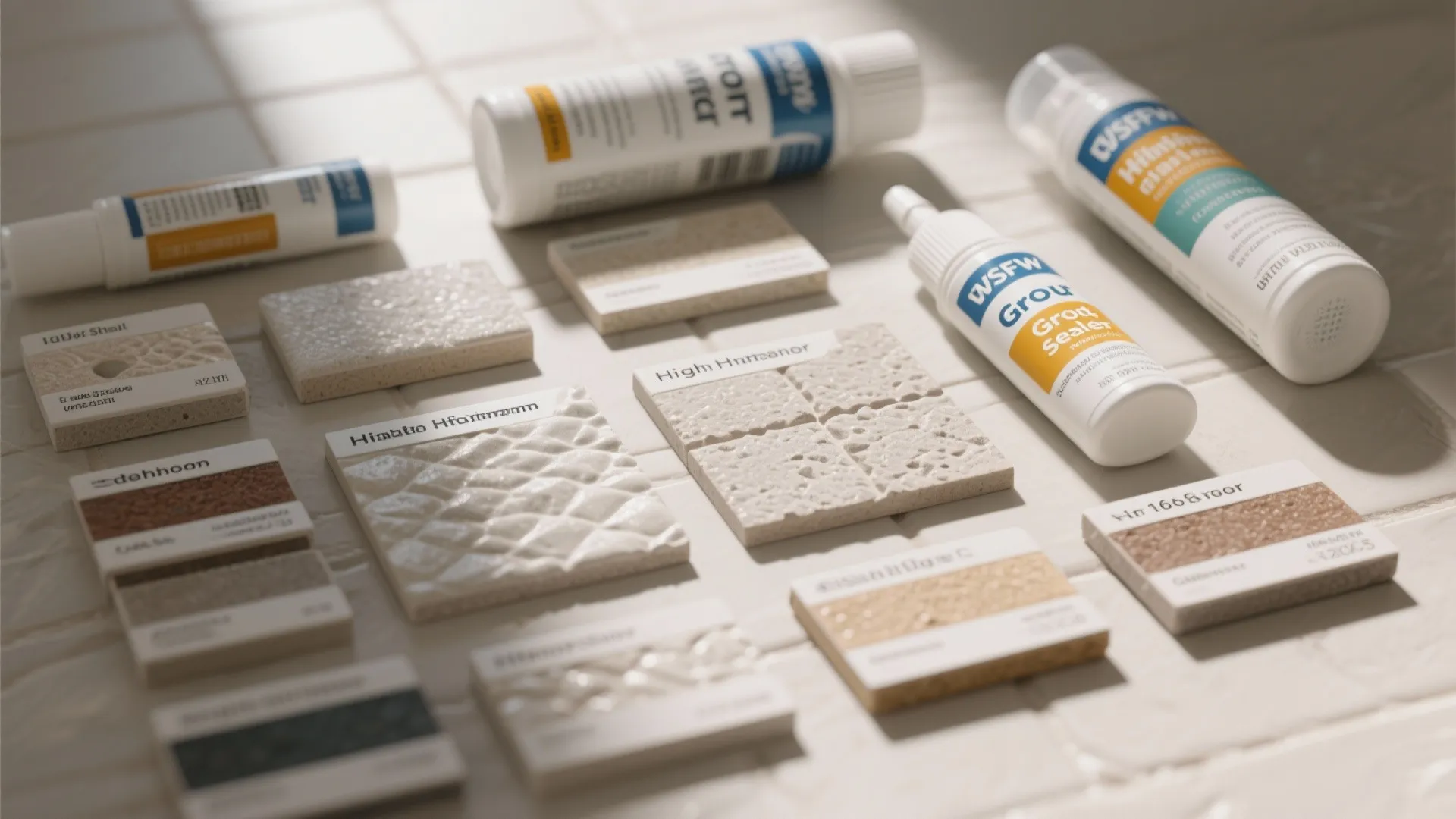 Grout and sealer samples recommended for high-humidity bathrooms.