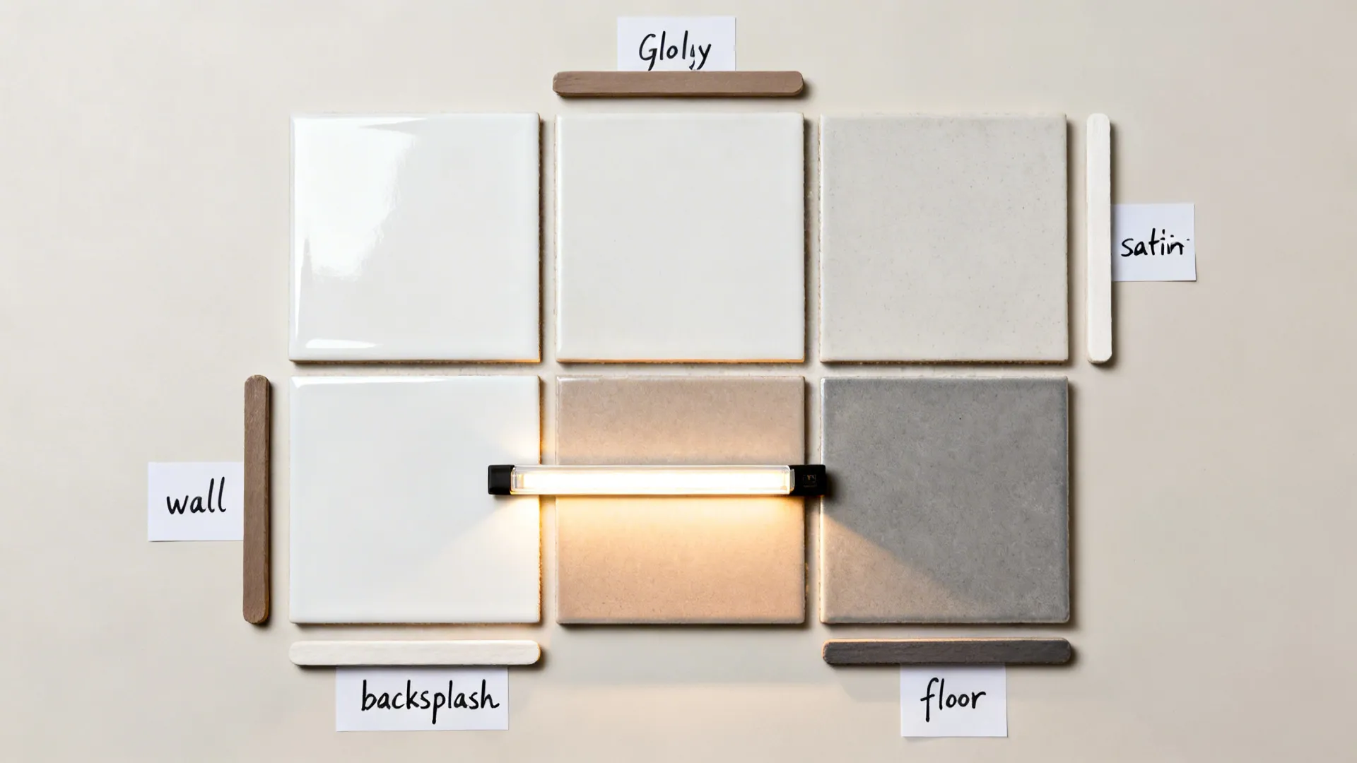 Top-down flatlay of glossy, satin, and matte tile swatches with grout options.