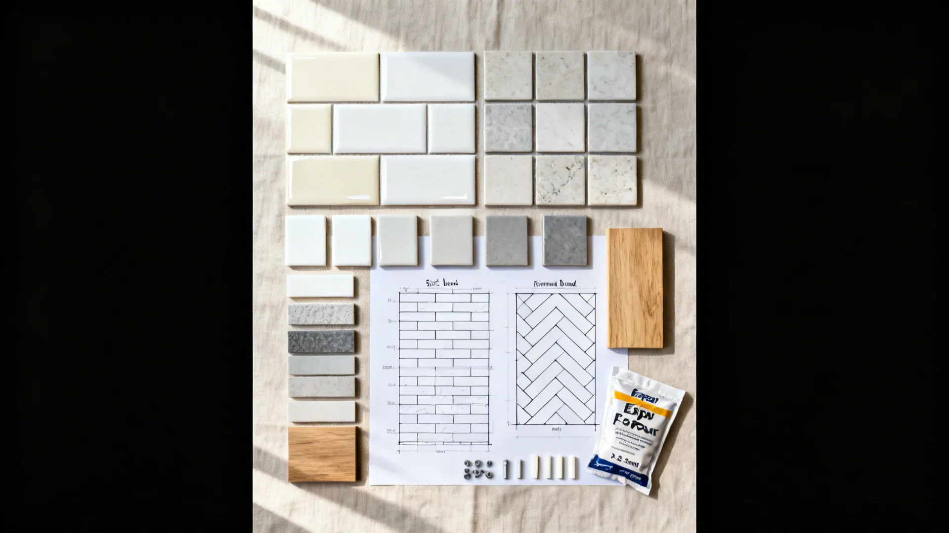 Top-down flat lay with tile samples, grout swatches, spacers, and layout sketches for a kitchen.
