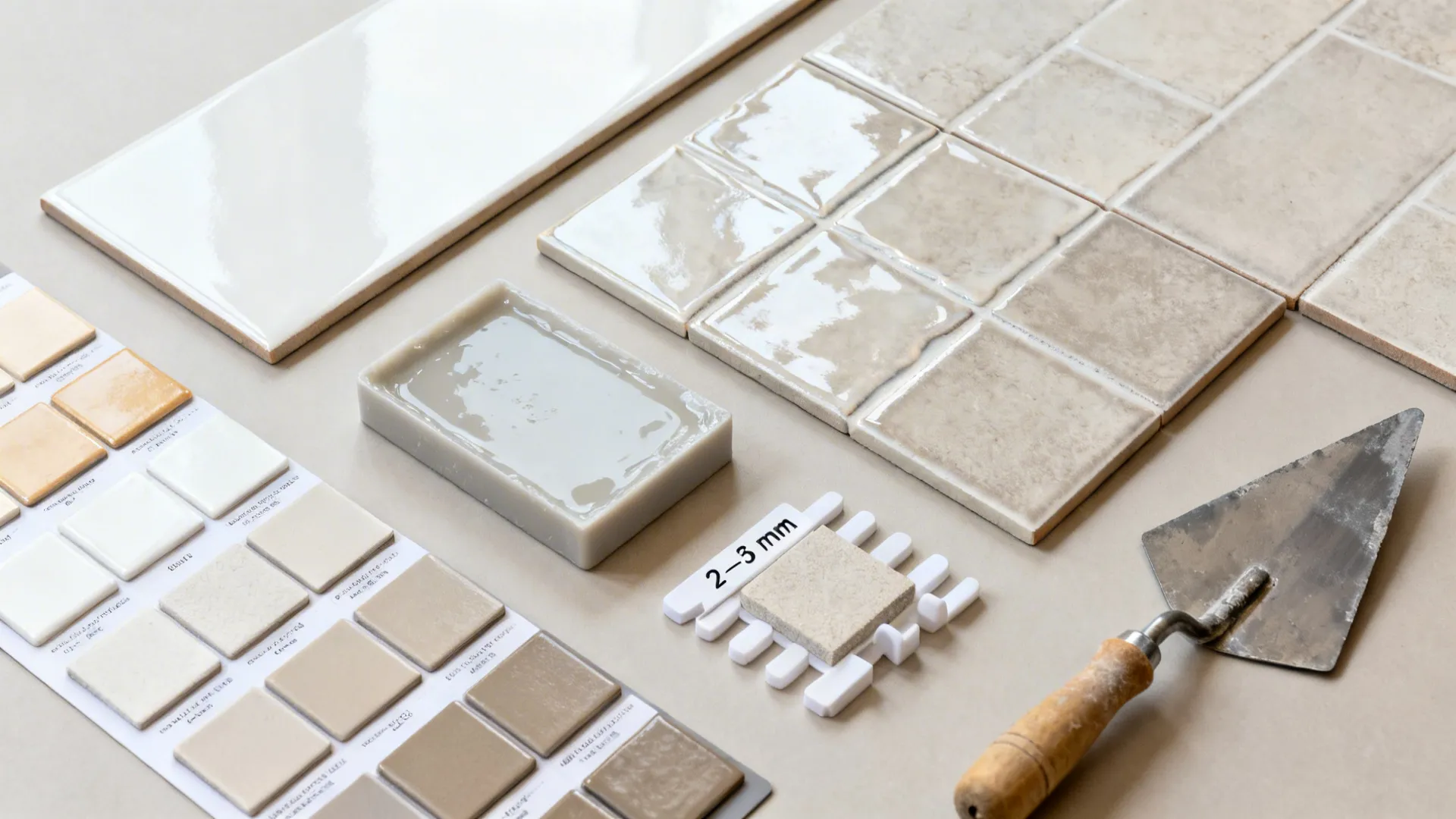 Collection of neutral tile samples with a grout spacer tool and a wooden handle trowel