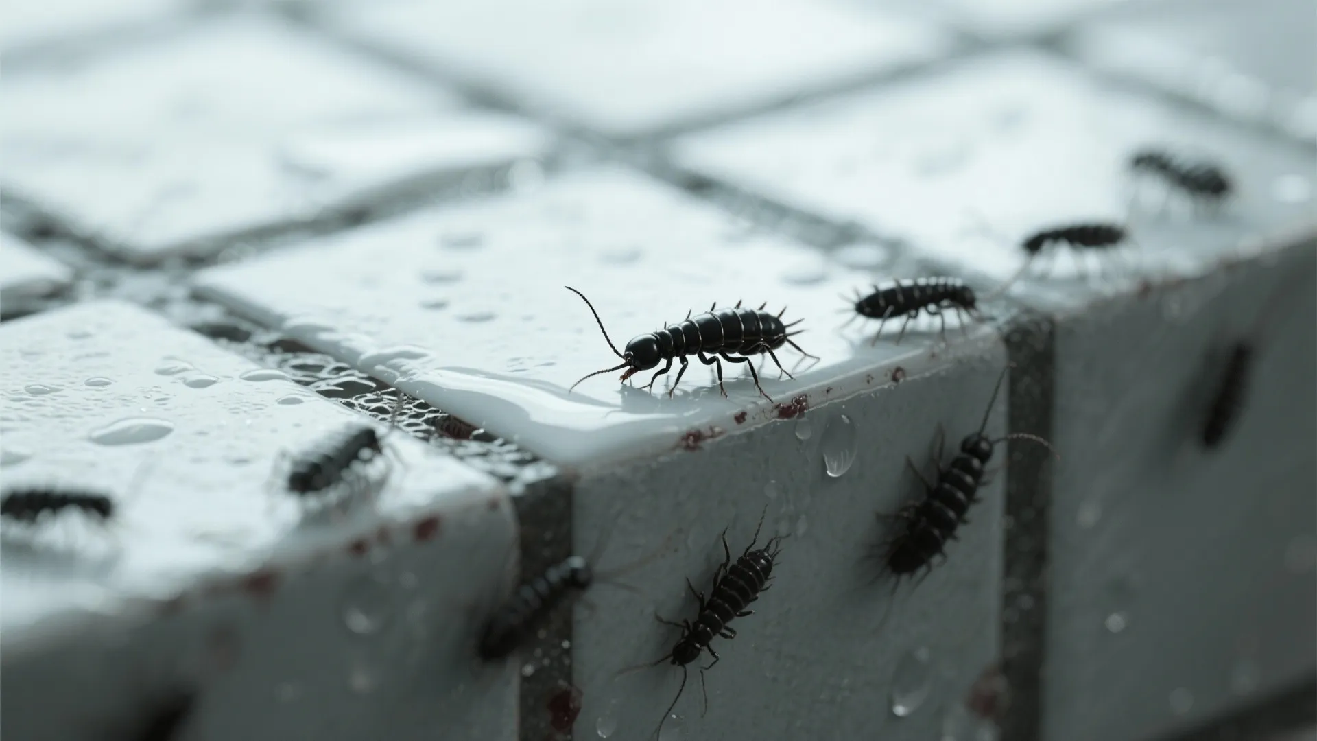 Close up of small black insects crawling on wet white bathroom floor tiles and grout lines