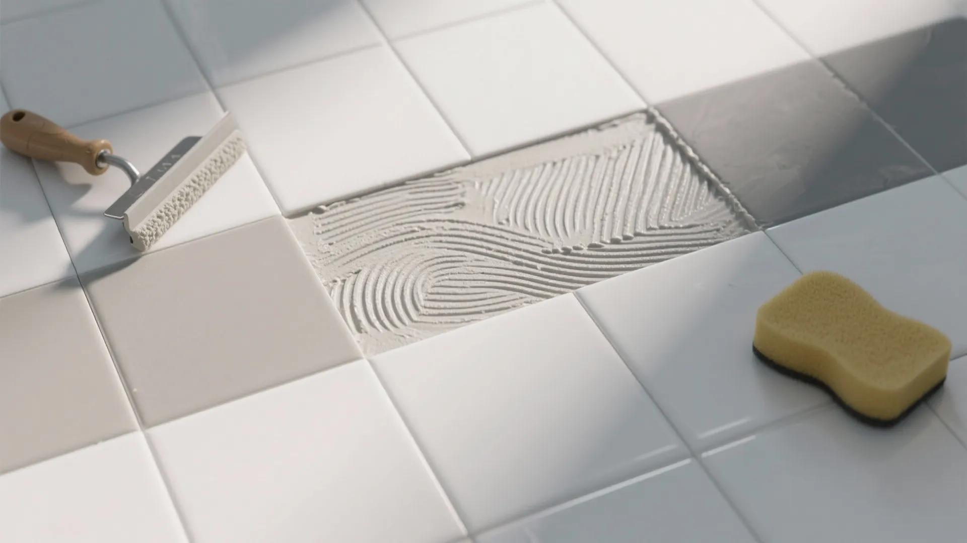 Close up of tiling process showing white tiles with adhesive applied using a small tool