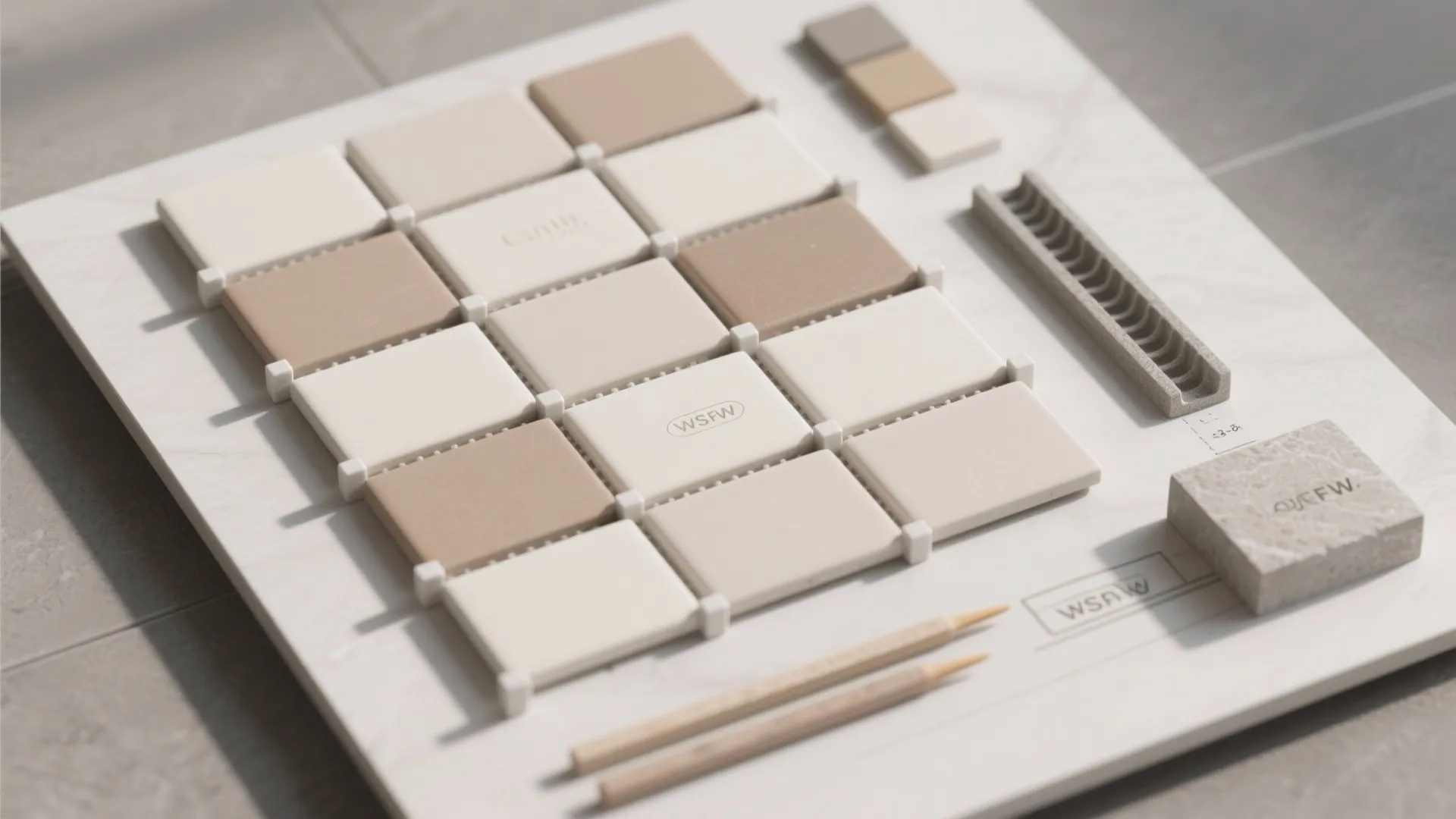 Interior design board showing square beige tiles, small color samples, wooden pencils, and stone blocks