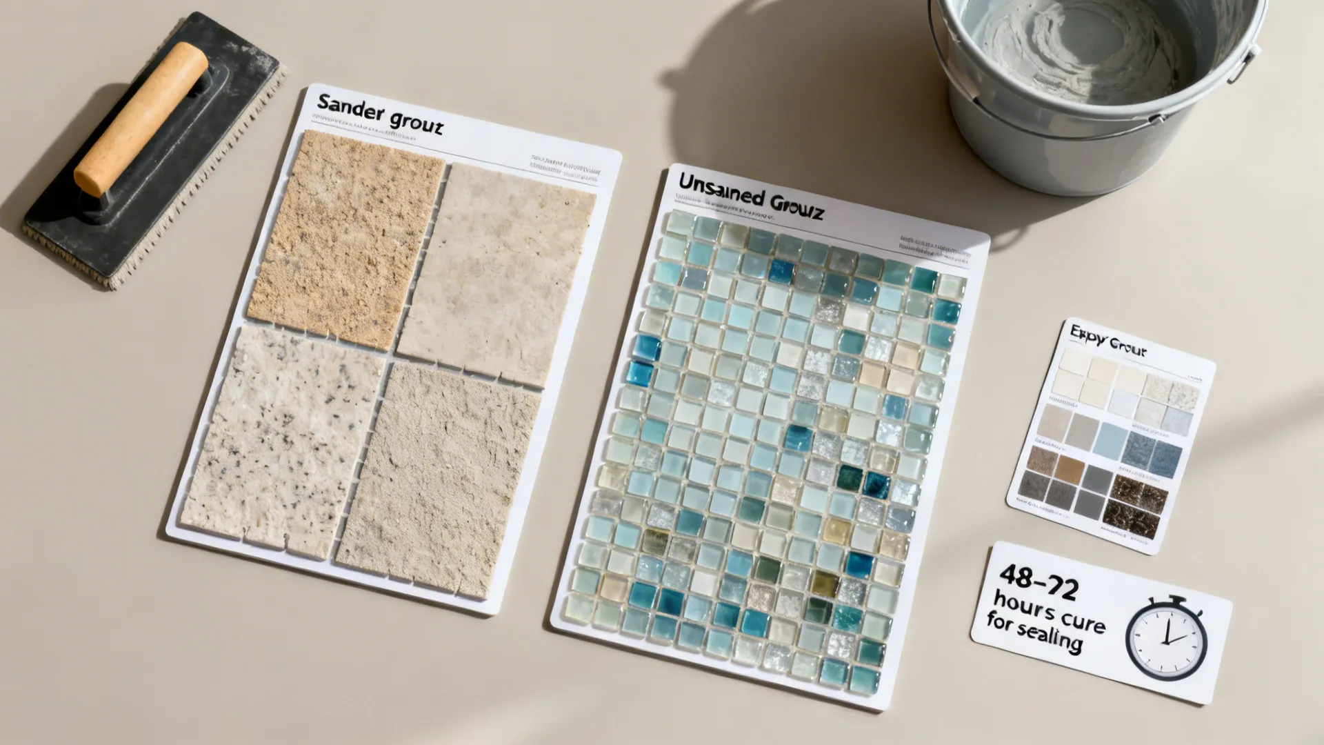 Top-down view of mosaic sheets with sanded, unsanded, and epoxy grout options and tools.
