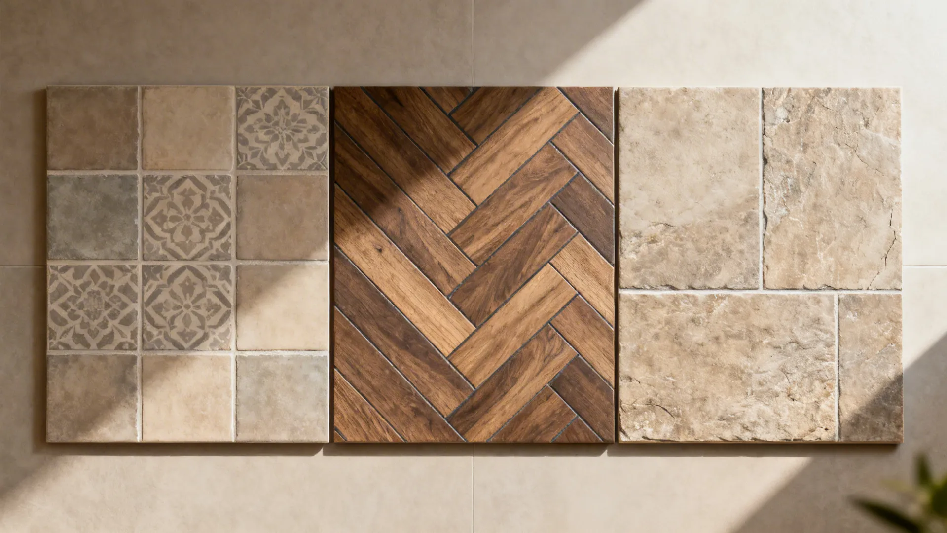 Top-down tile and grout comparison board showing subtle, darker, and mid-tone grout effects.