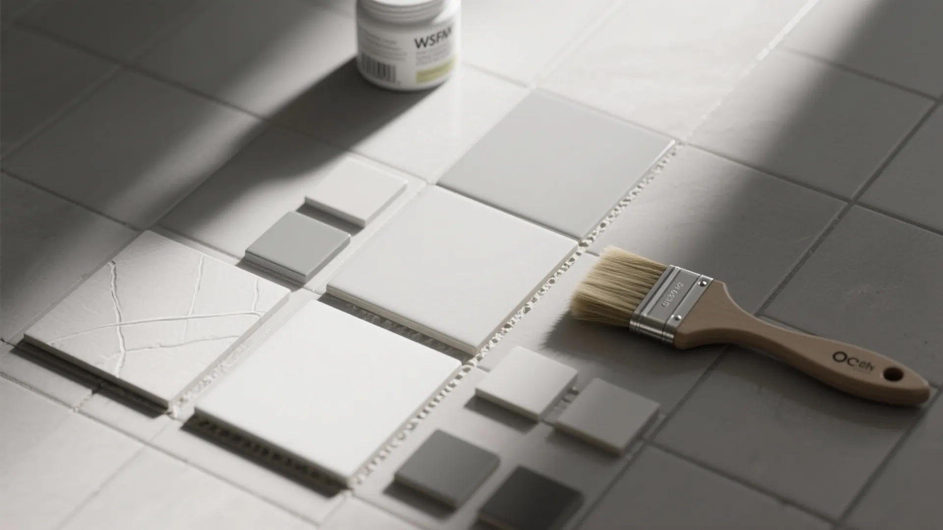Interior design materials showing various square tile samples on floor with paint brush and small jar