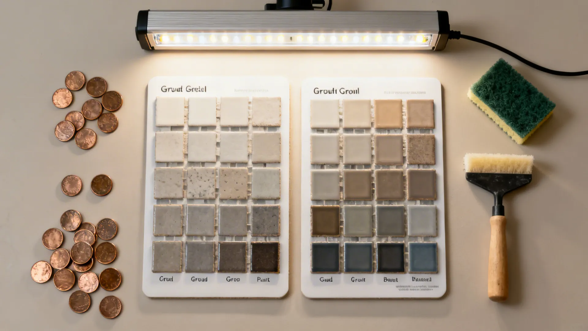 Top-down flat lay of mosaic sample boards comparing two grout colors under task lighting.