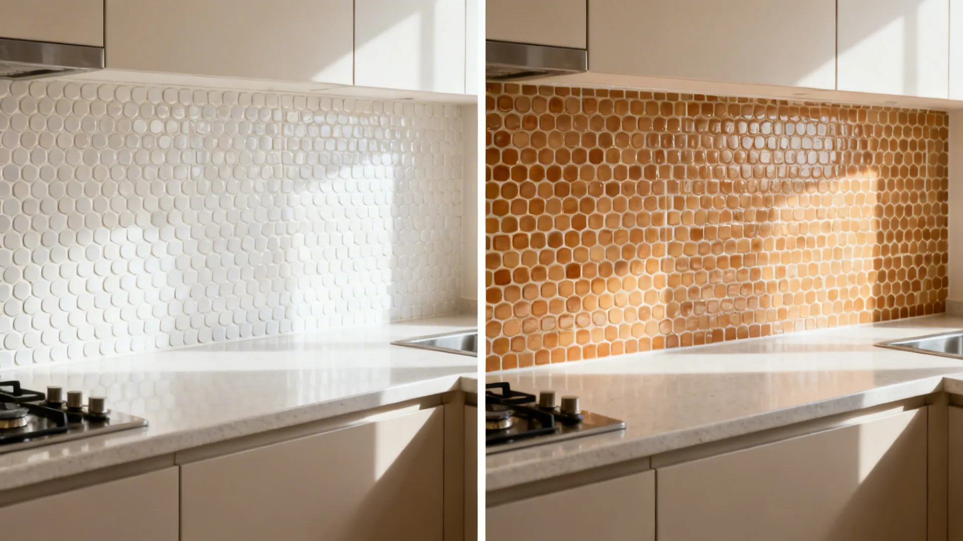 Before-and-after of penny round mosaics with white grout versus warm tonal grout in the same kitchen lighting.