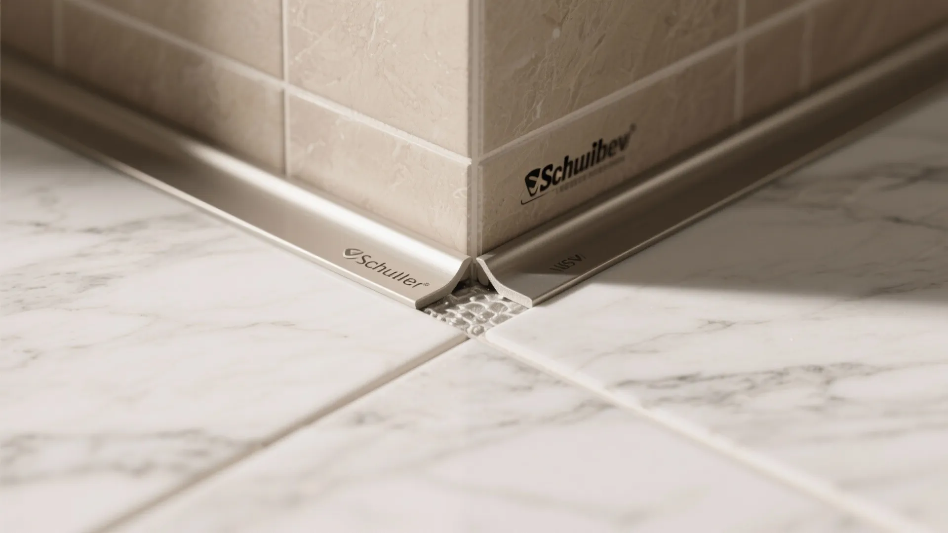 Macro of color-matched grout with marble-look tile and clean metal edge trim at an external corner.