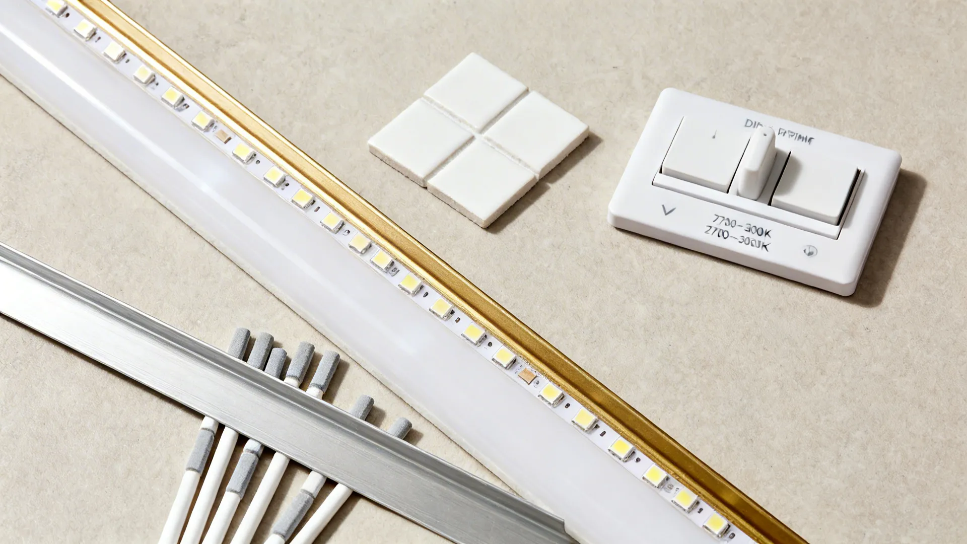 Flatlay with warm white and gray grout, trims, LED strip, and white tile sample