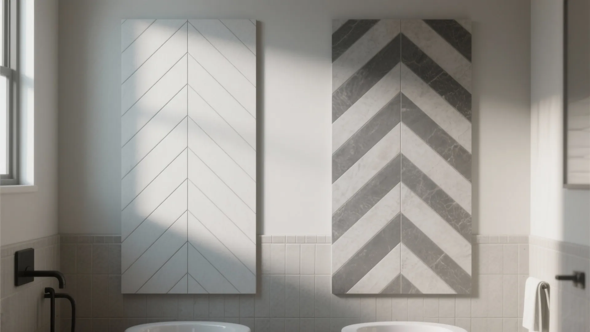 Comparison of two bathroom wall tile patterns showing white and grey marble chevron design layouts