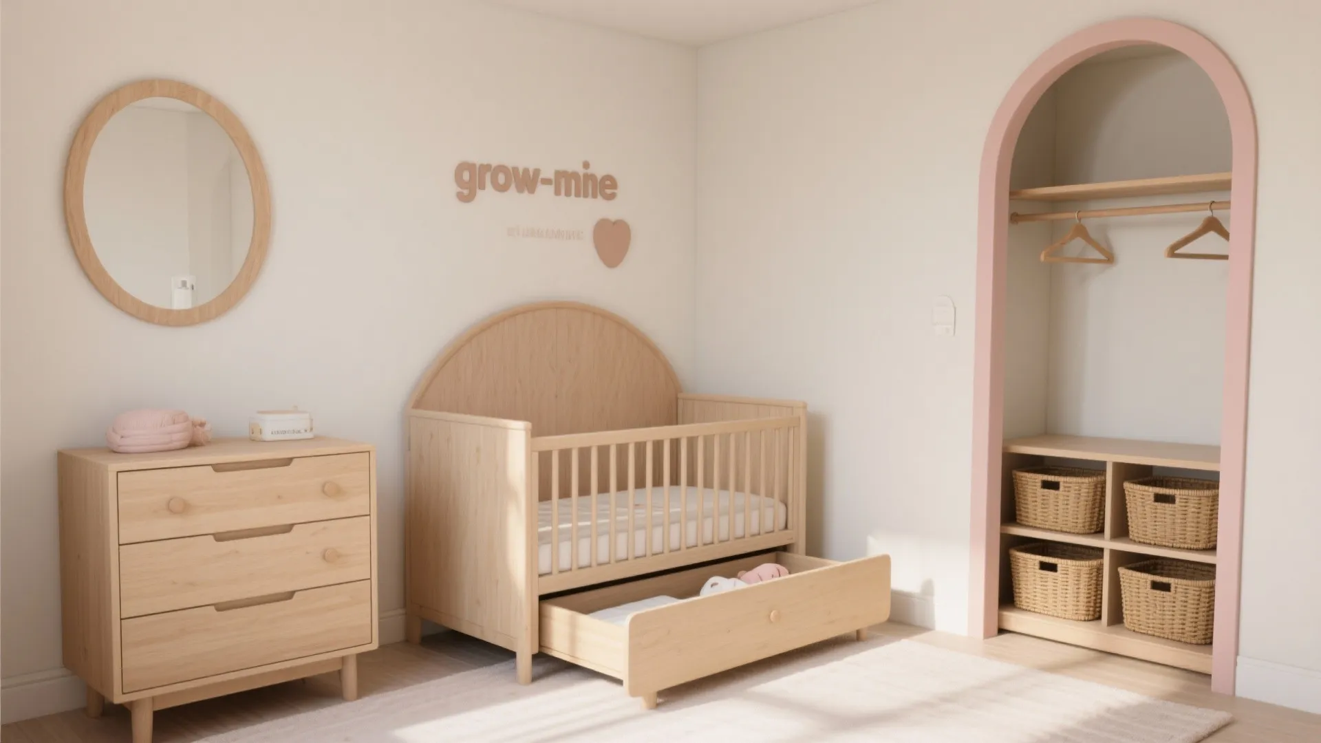 2) Grow-with-me furniture: convertible crib, topper dresser, and smart closet