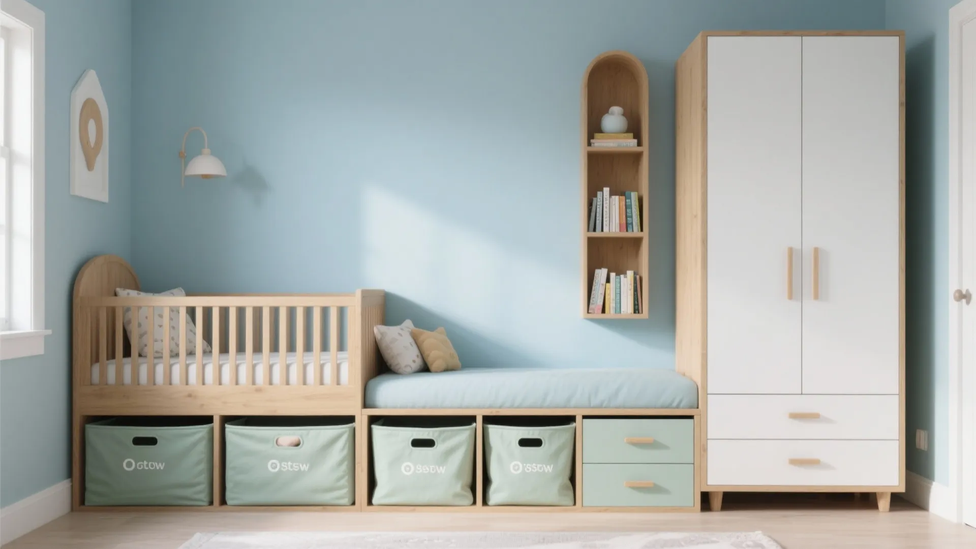 Child bedroom featuring wooden bed with storage bins bookshelves white cabinet and light blue walls design