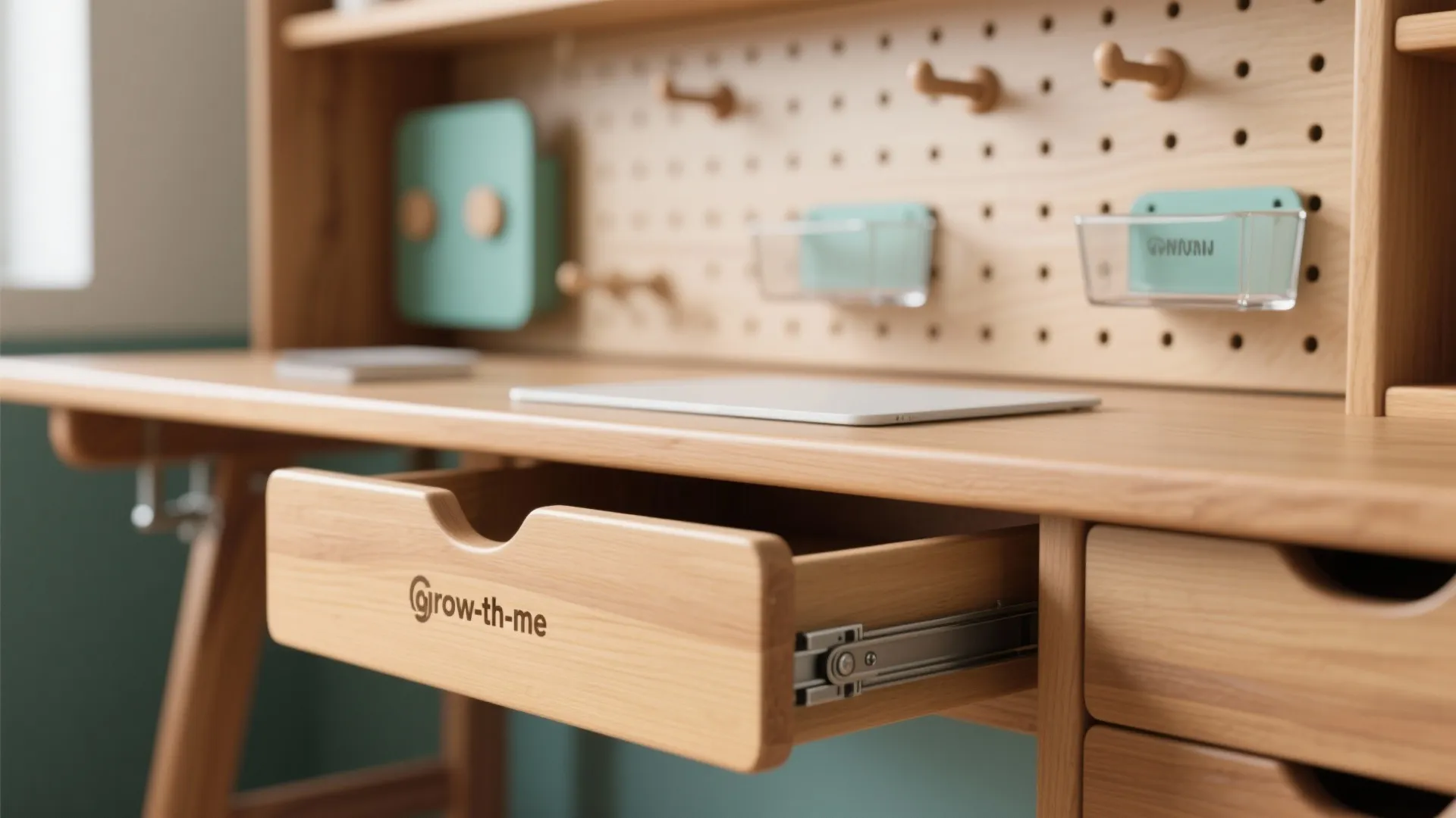 Wooden desk with an open drawer showing storage board with hooks and small green boxes