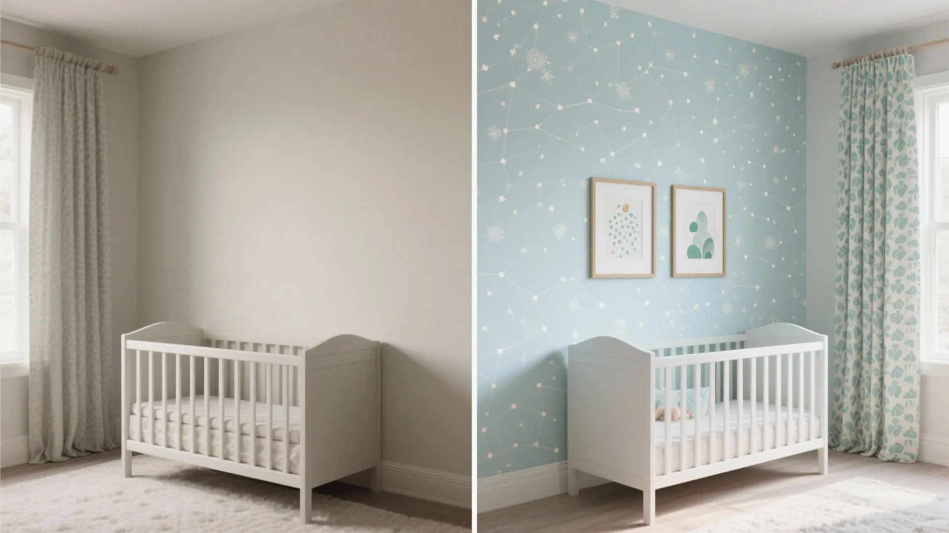 Before and after comparison of a plain white nursery wall versus blue star pattern wallpaper