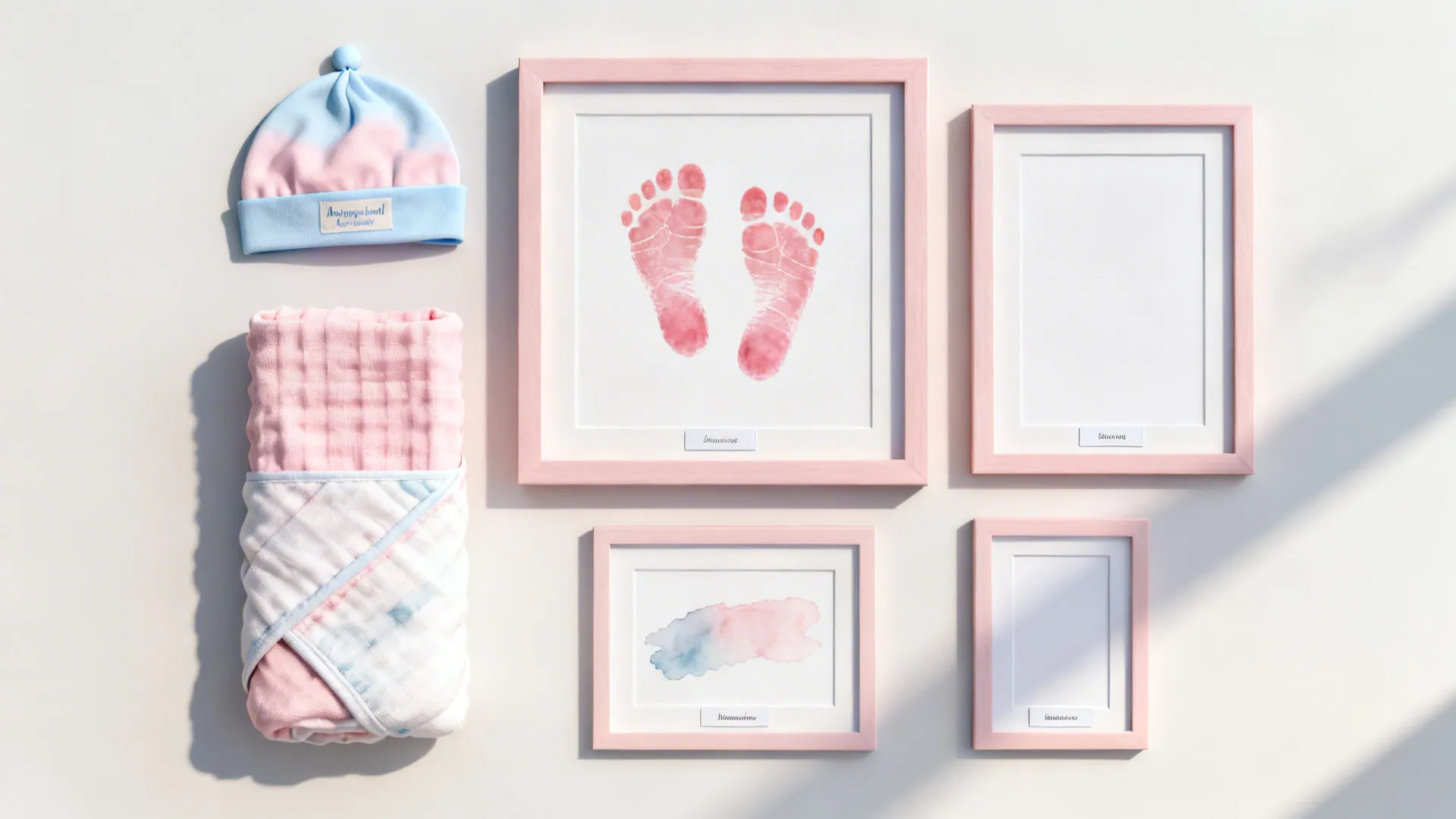 Baby nursery items with pink frames showing footprints blue hat and soft pink swaddle blanket