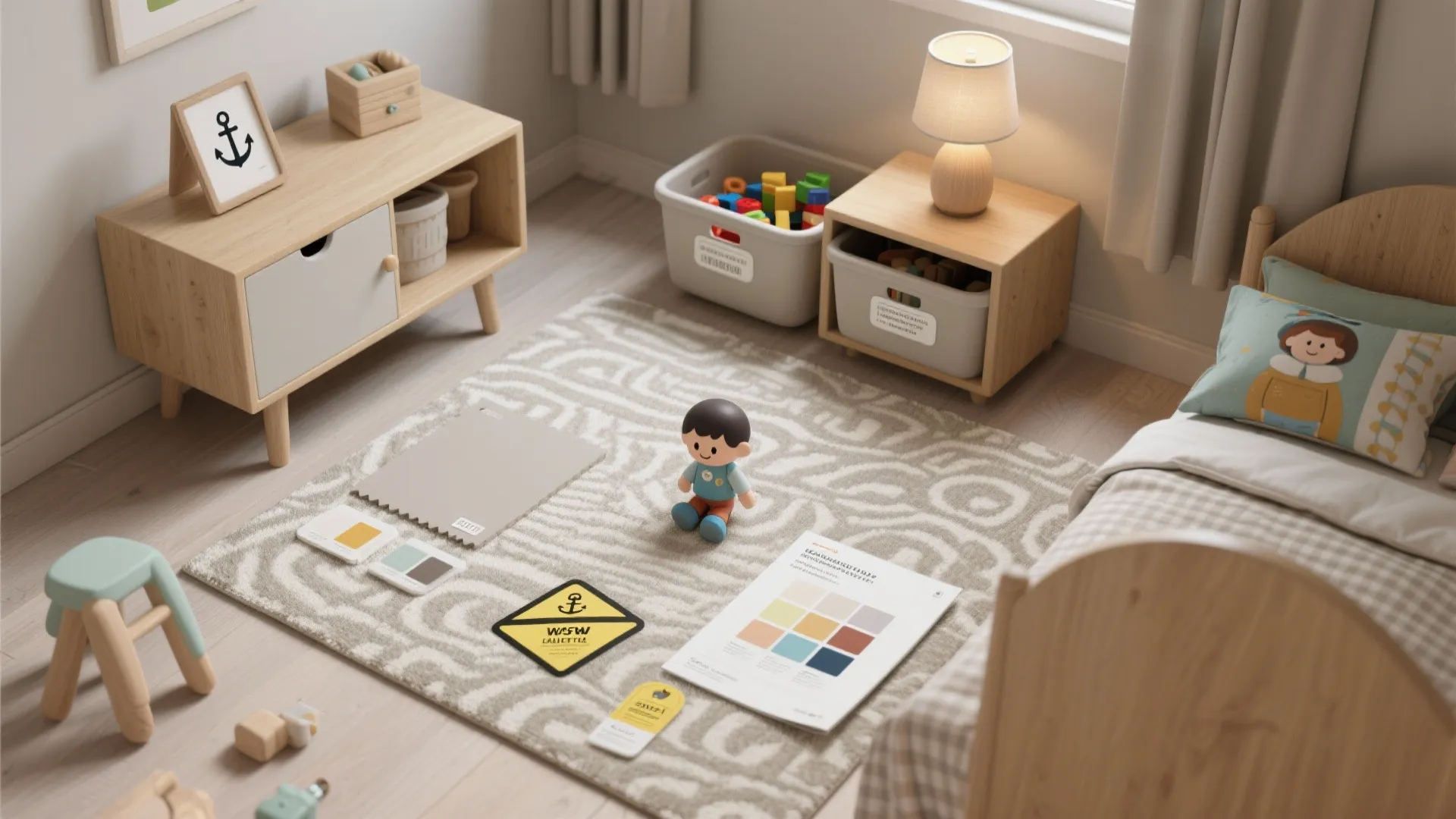 Child bedroom interior design drawing with wooden furniture rug toys lamp and color palette boards