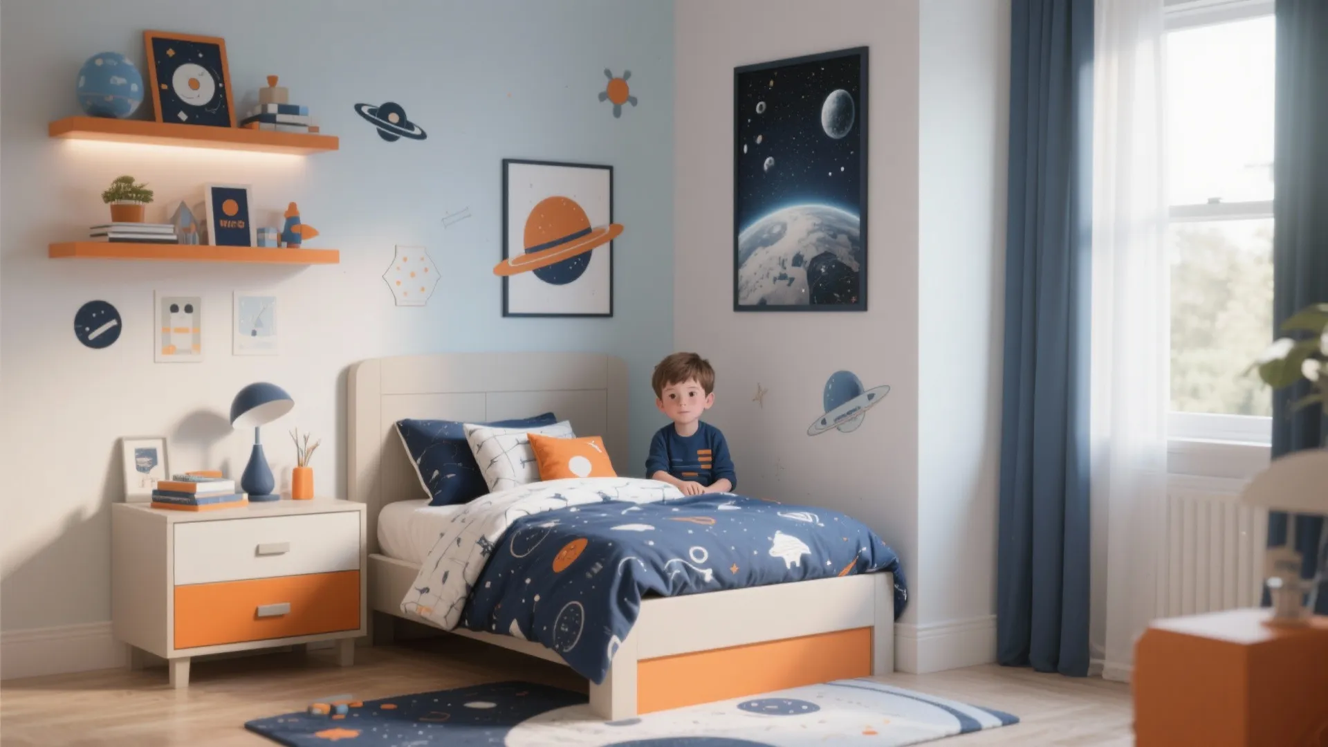 Space themed kids bedroom with blue walls orange shelves starry bedding and celestial wall art