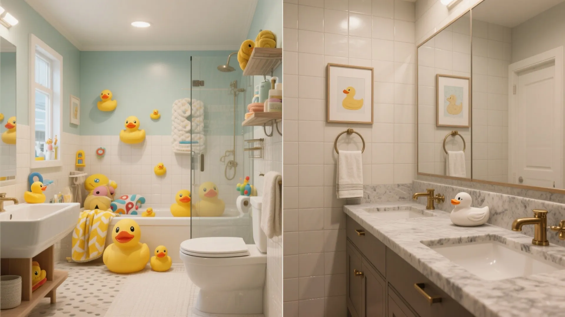 Before and after comparison of a cluttered bathroom with rubber ducks versus a clean bathroom