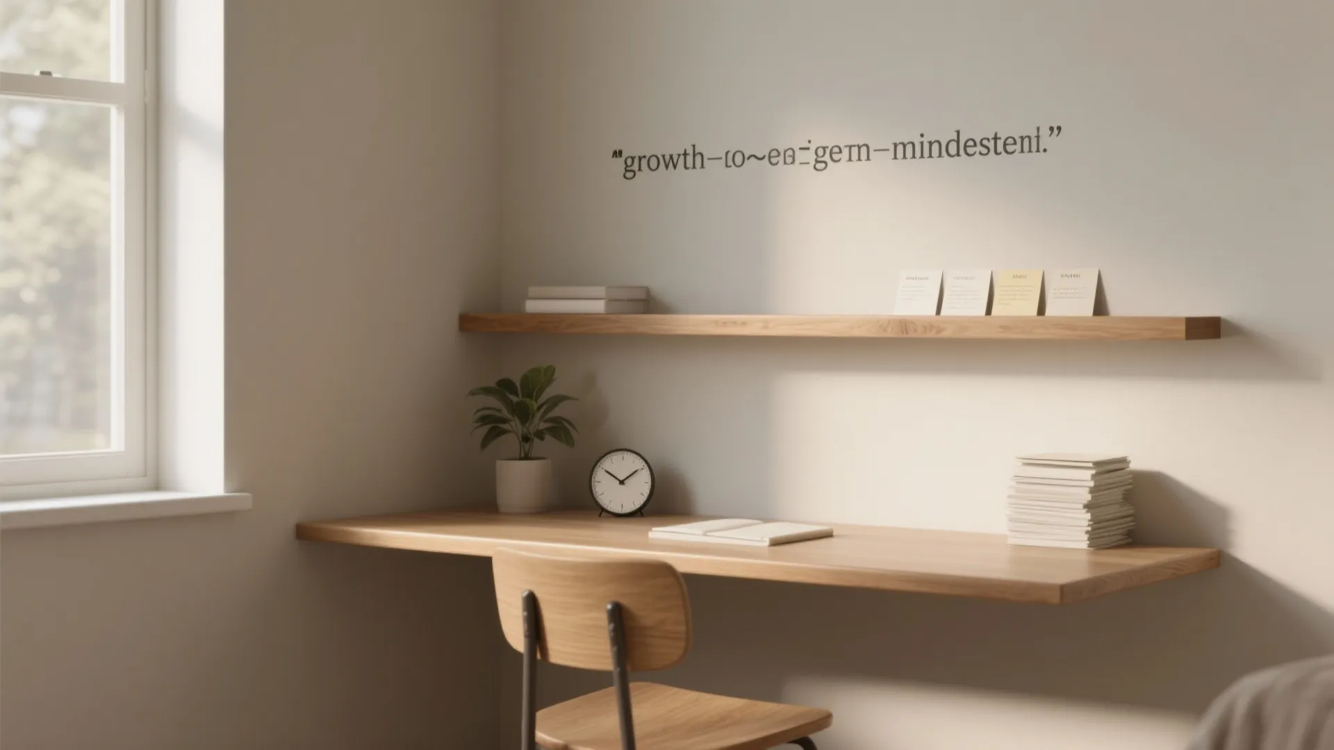 Minimalist wooden desk with a small green plant, round black clock, and wall mounted shelf