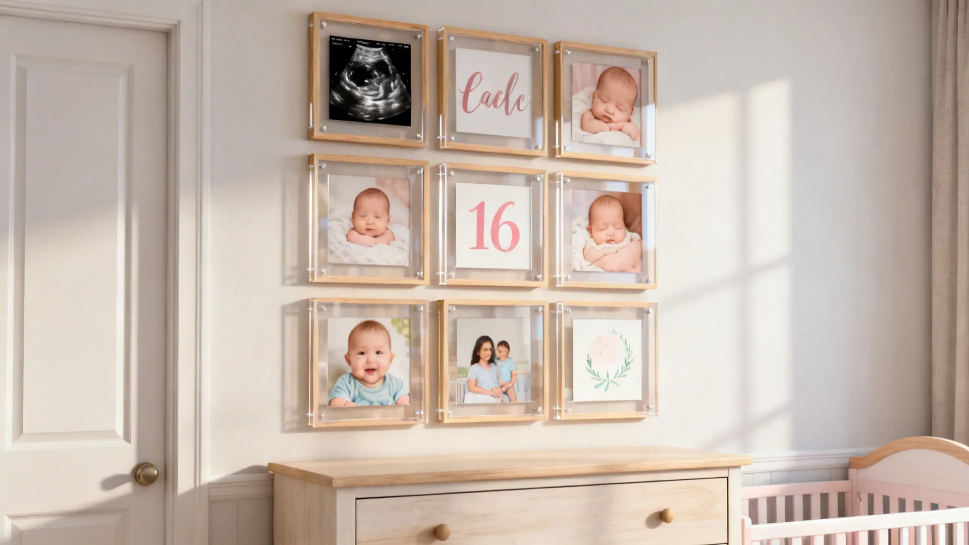 Grid of nine square picture frames on white wall above wooden dresser in bright nursery