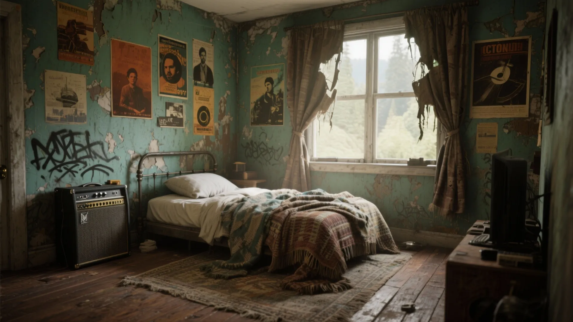Messy room with green peeling walls and posters near bed with old curtains and window