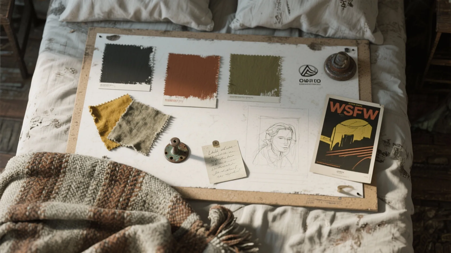 Interior design mood board with fabric samples and color swatches on a messy white bed