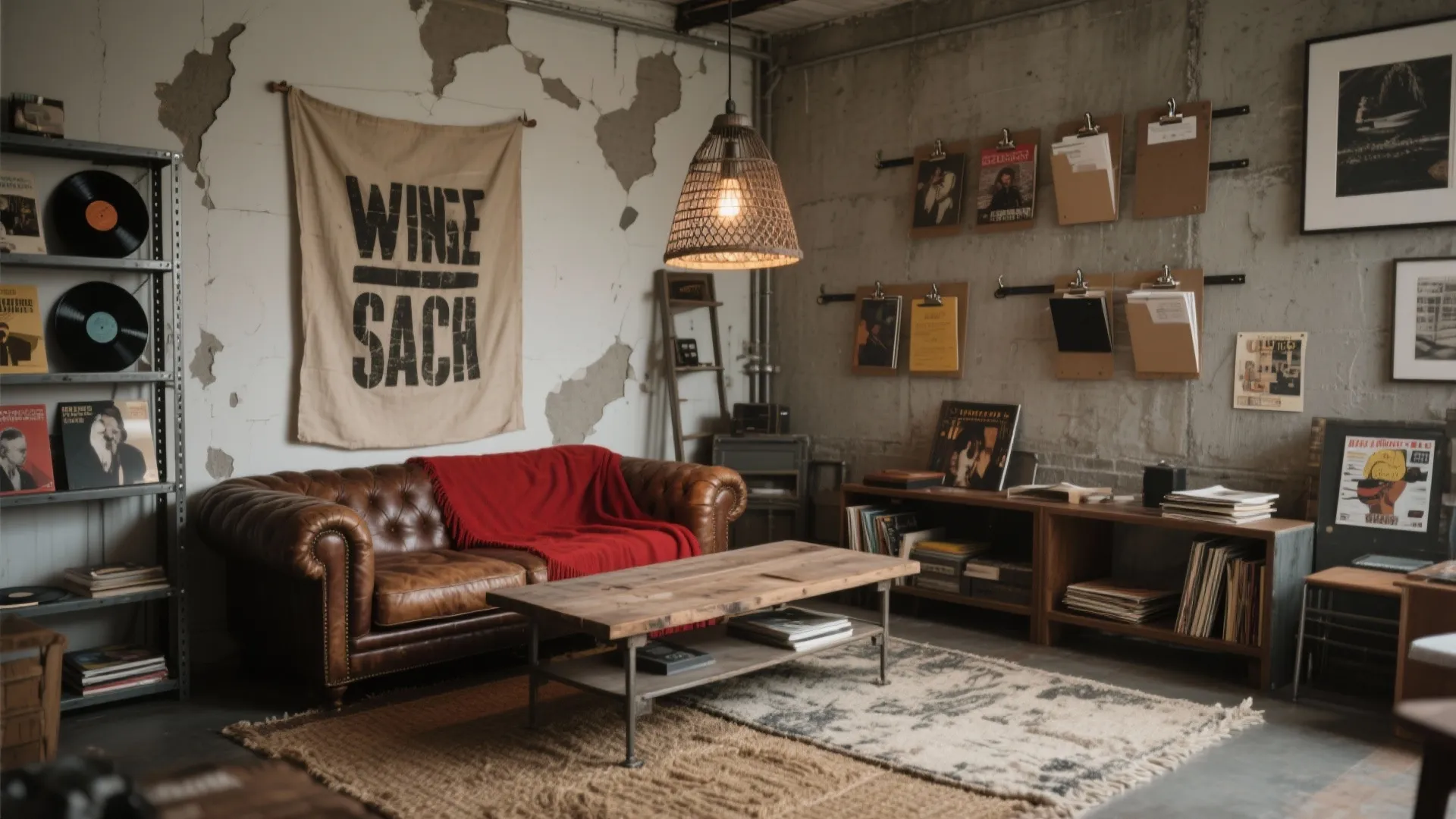 Vintage room with brown leather sofa, wooden coffee table, record shelf, and rough concrete walls