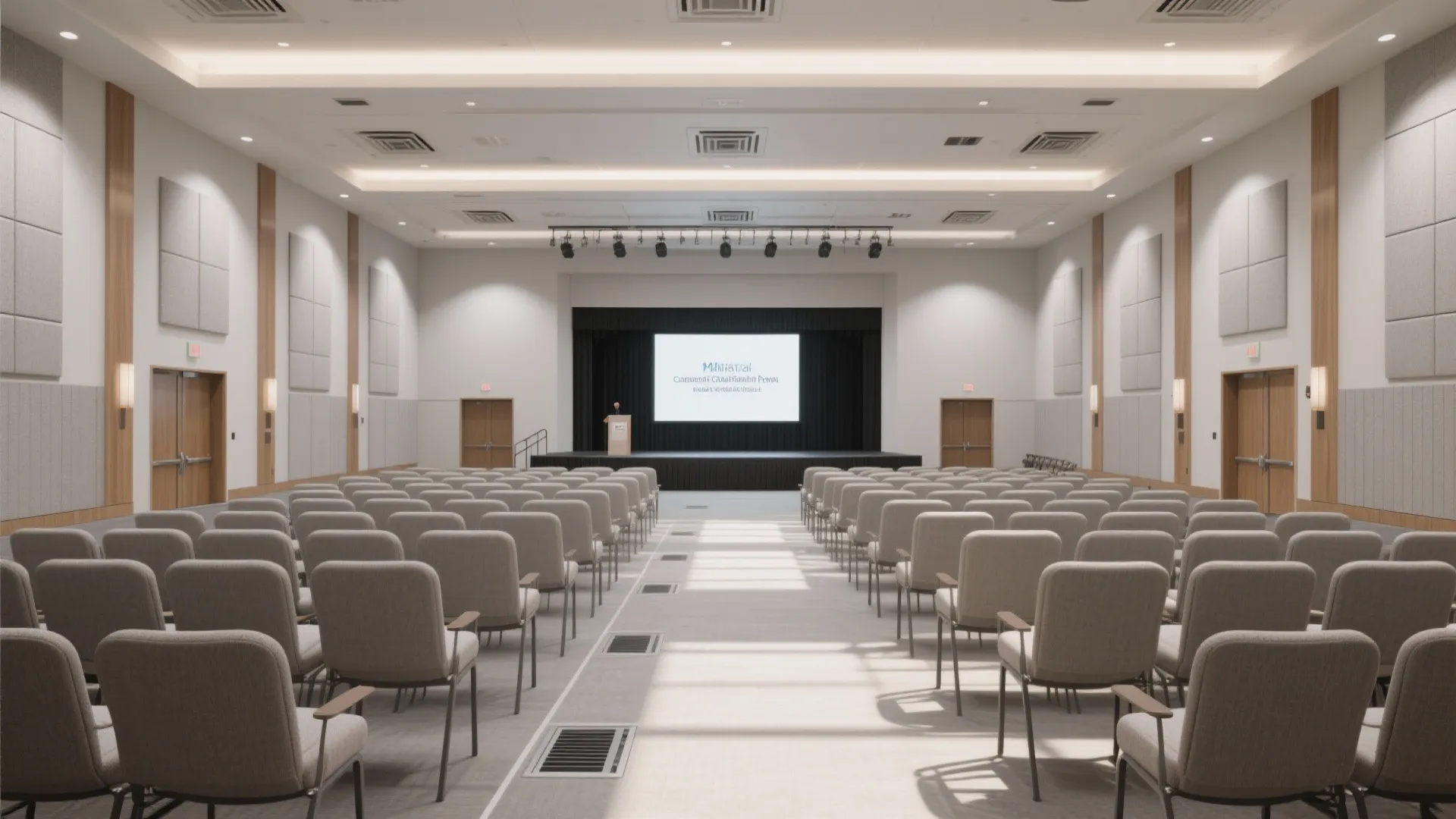 Large hall layout with rows of chairs facing a stage with screen and wall panel