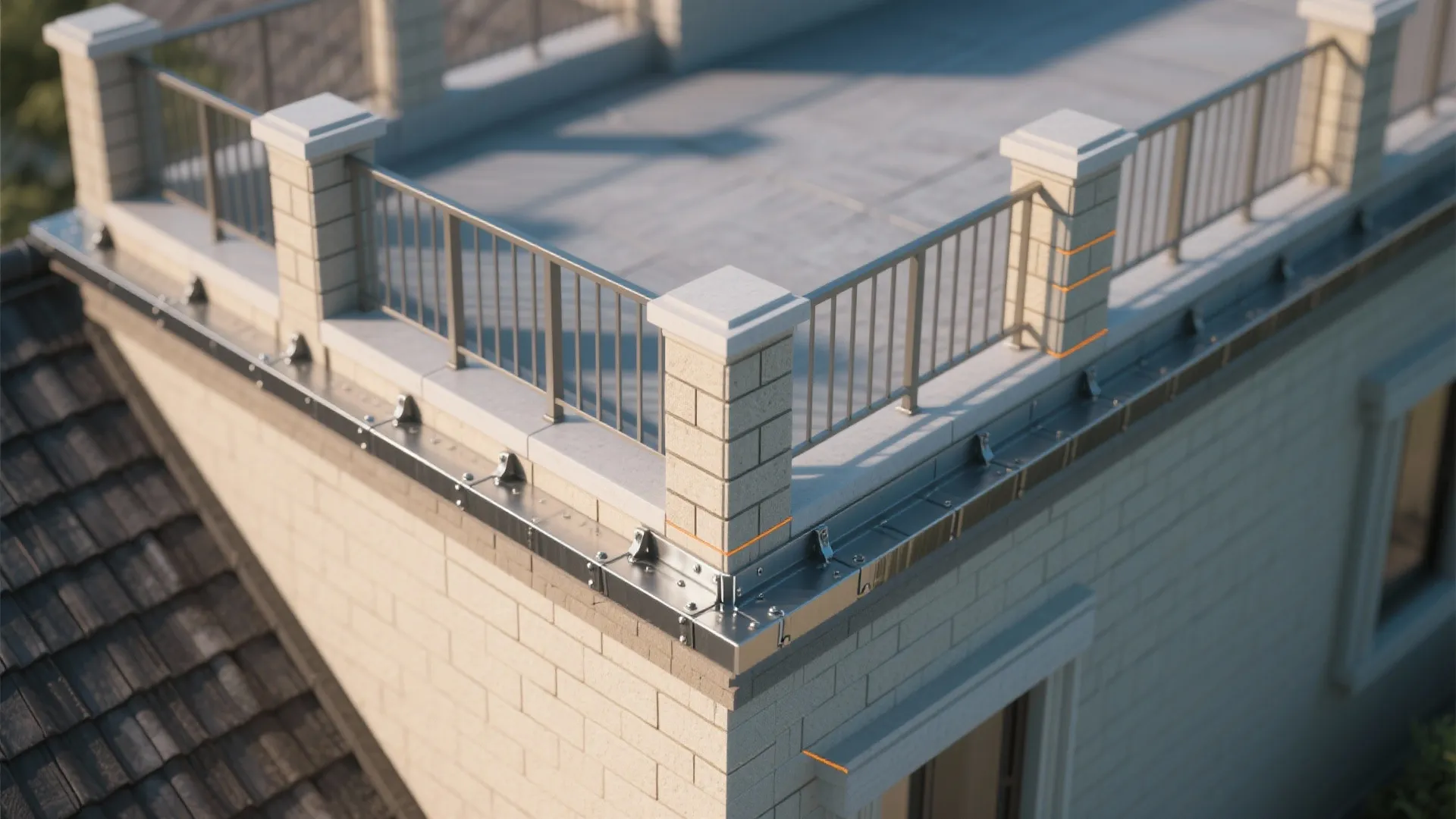Top-down view showing guard post anchorage on parapet with sealed boots and flashing.