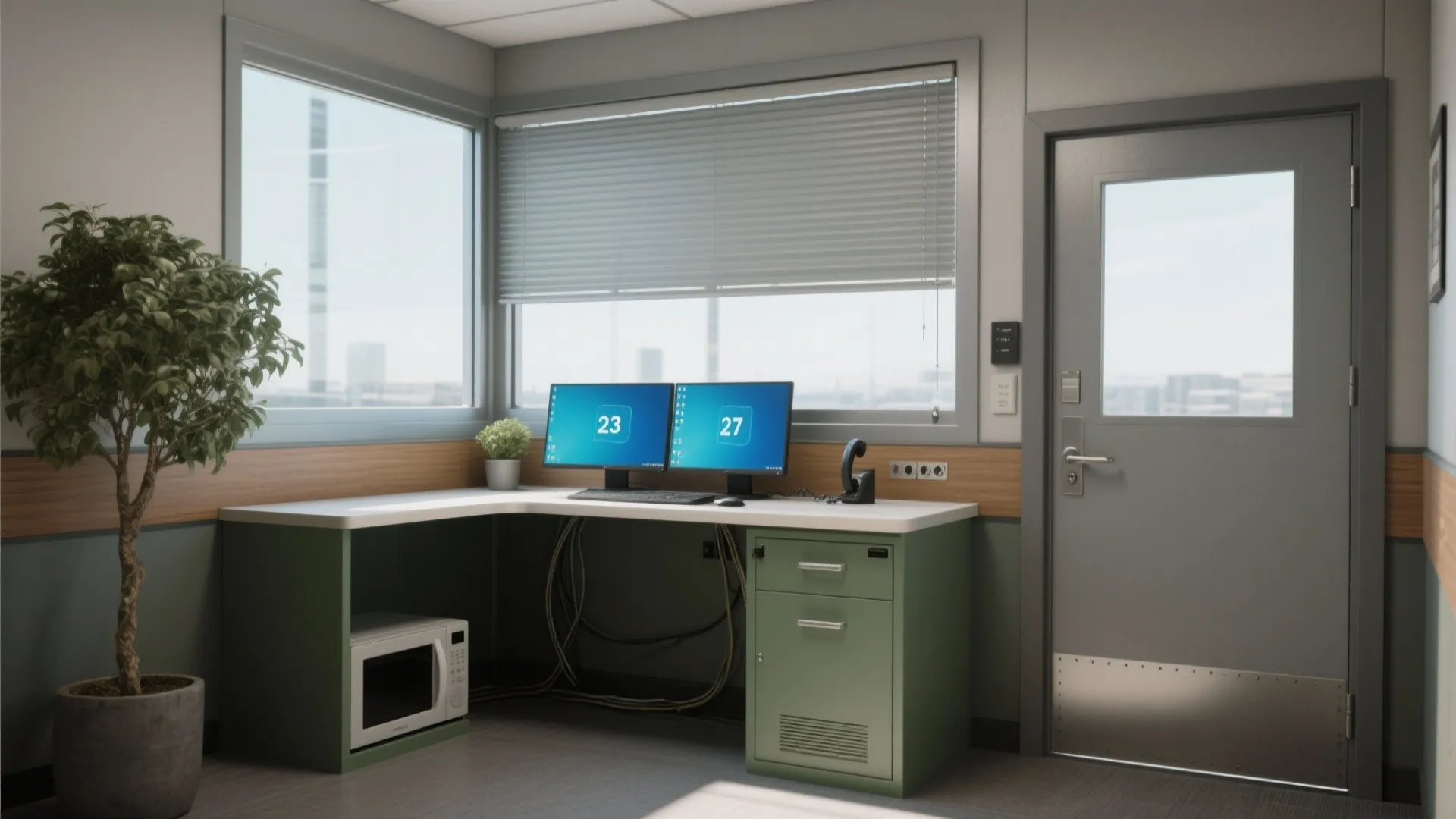 Modern guard house interior with corner windows green desk dual monitors microwave and a tall plant