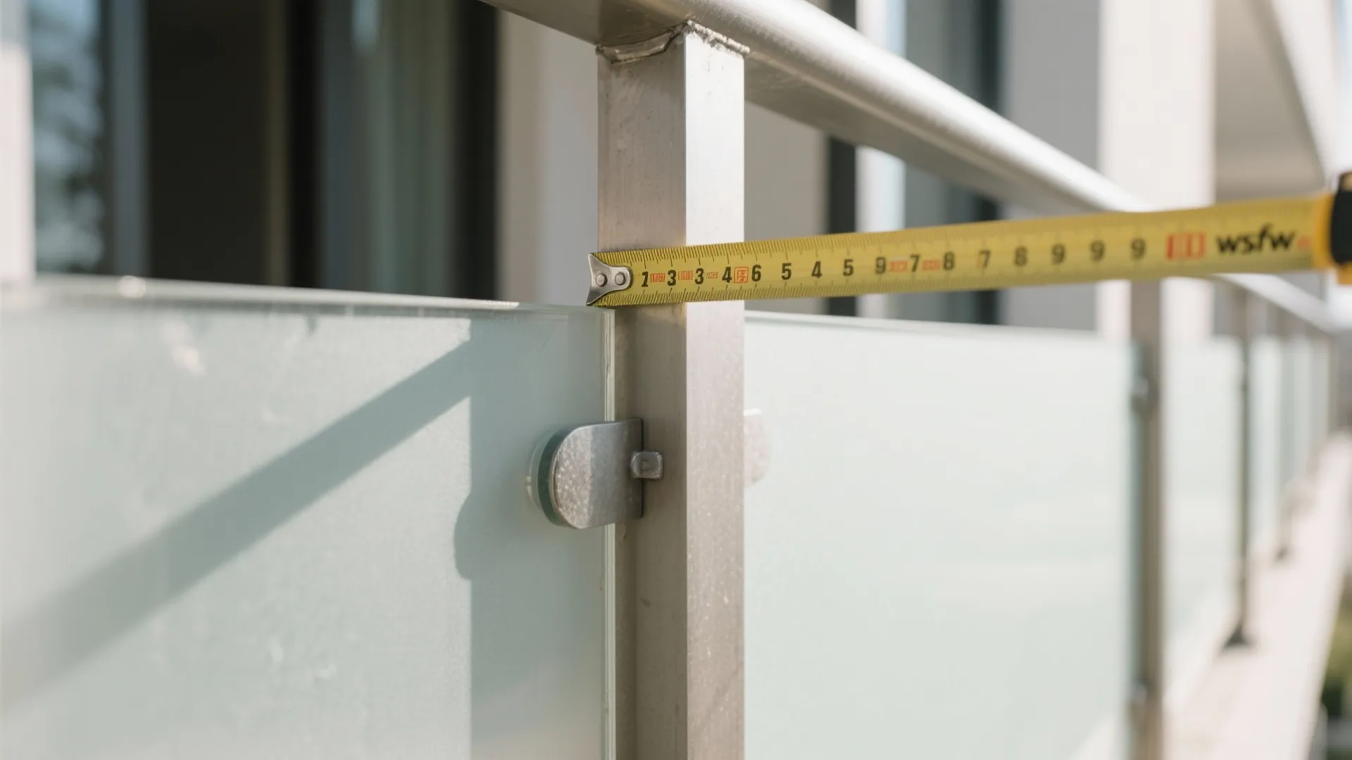 Yellow tape measure measuring the thickness of a glass balcony railing on a metal frame