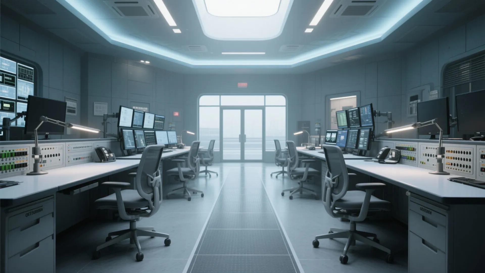 Modern security control room interior with multiple computer monitors office chairs and bright ceiling light