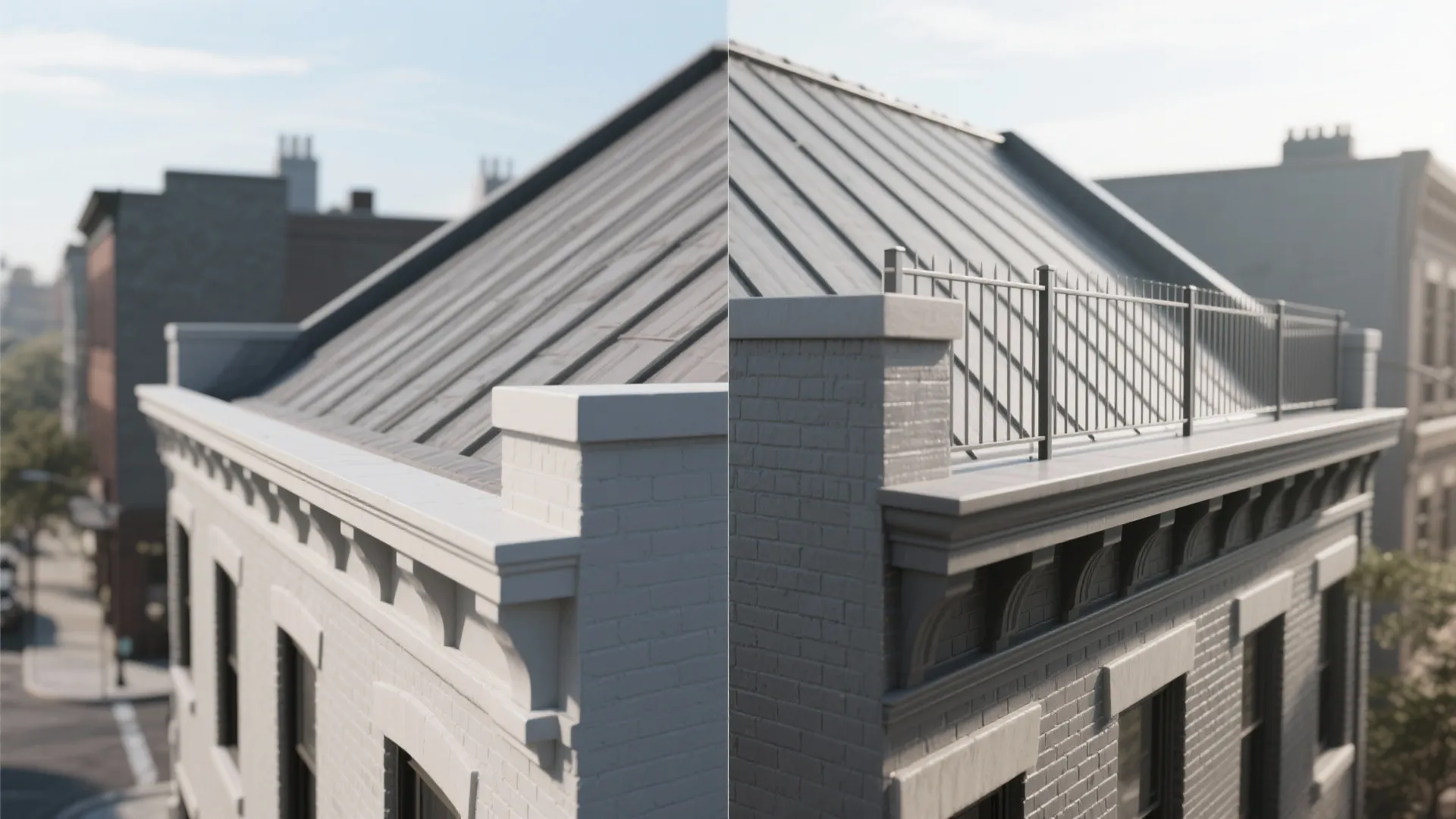 Comparison of a plain roof edge versus a roof upgraded with a black metal railing