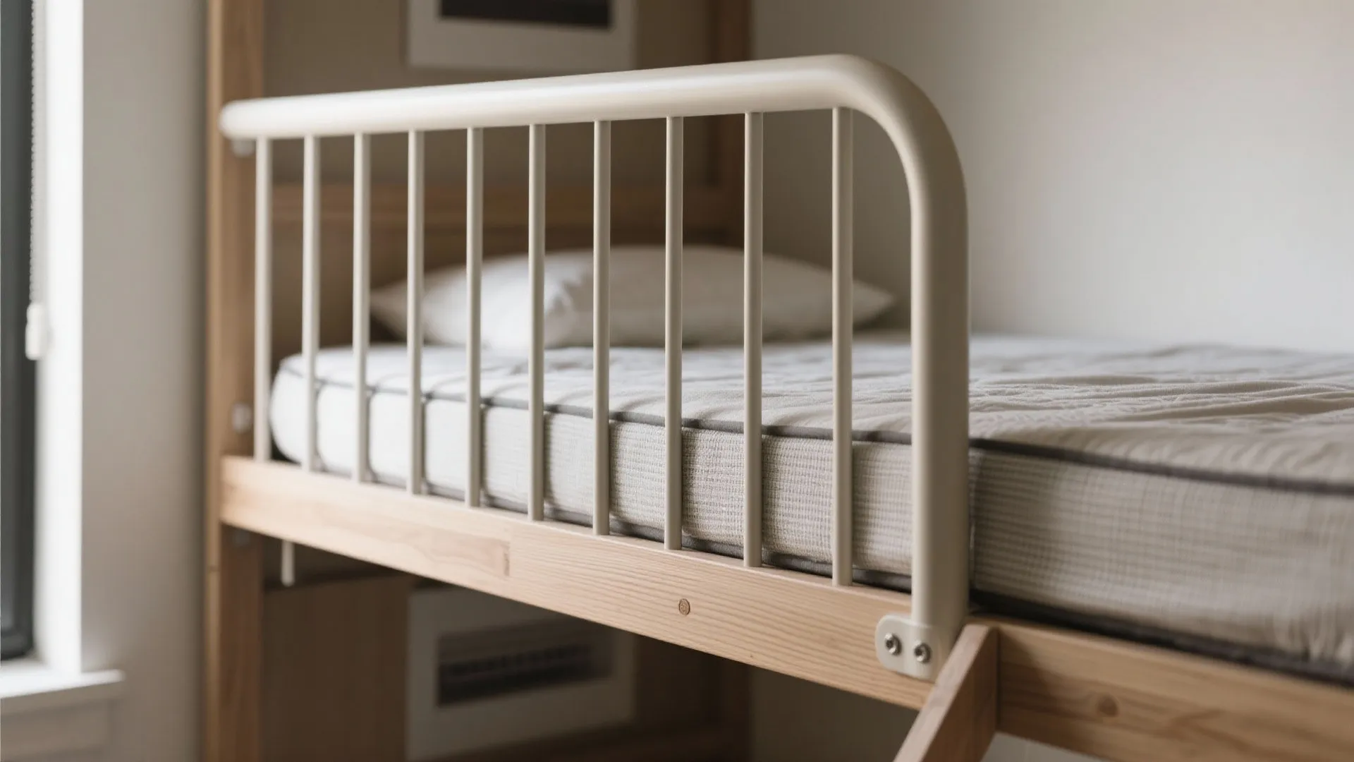 Macro of bunk guardrail height above mattress and slatted head panel for ventilation.