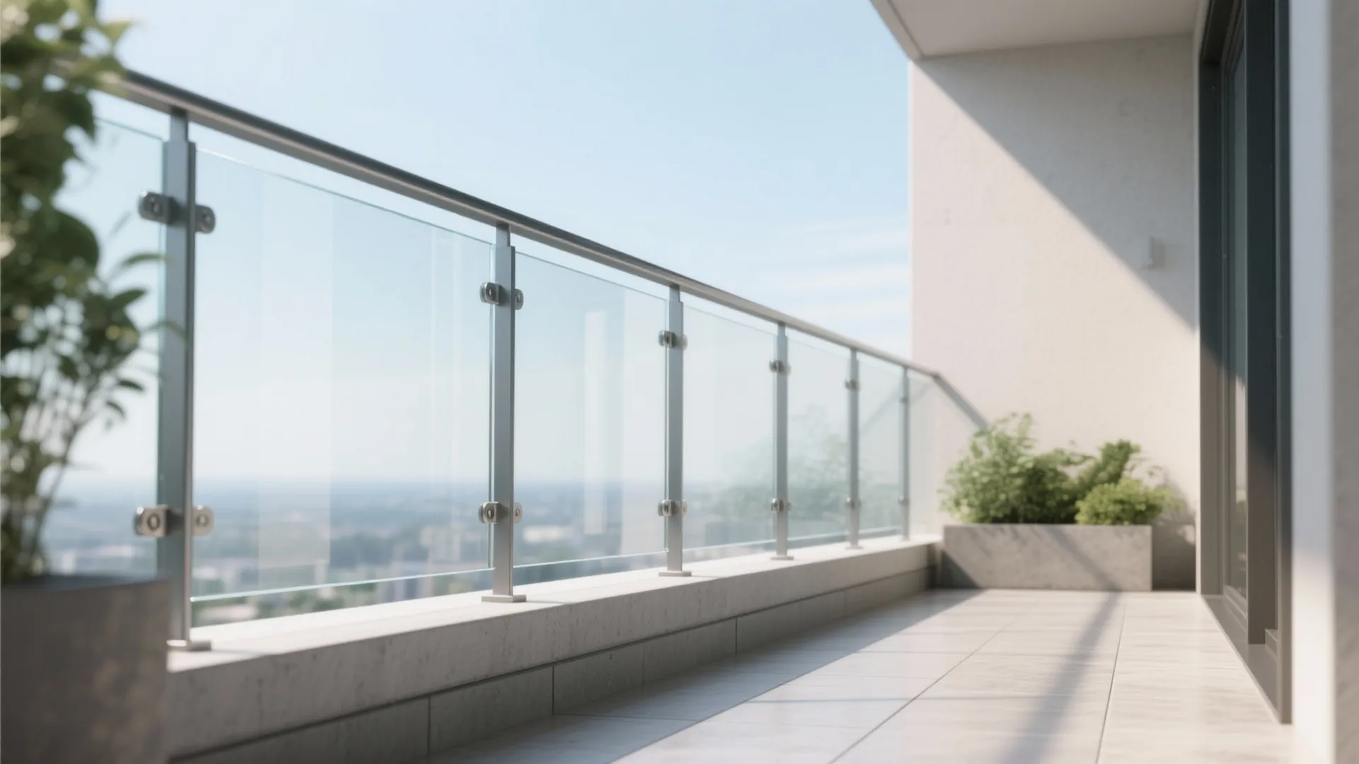 Modern balcony featuring clear glass handrails with metal posts on a sunny day with plants