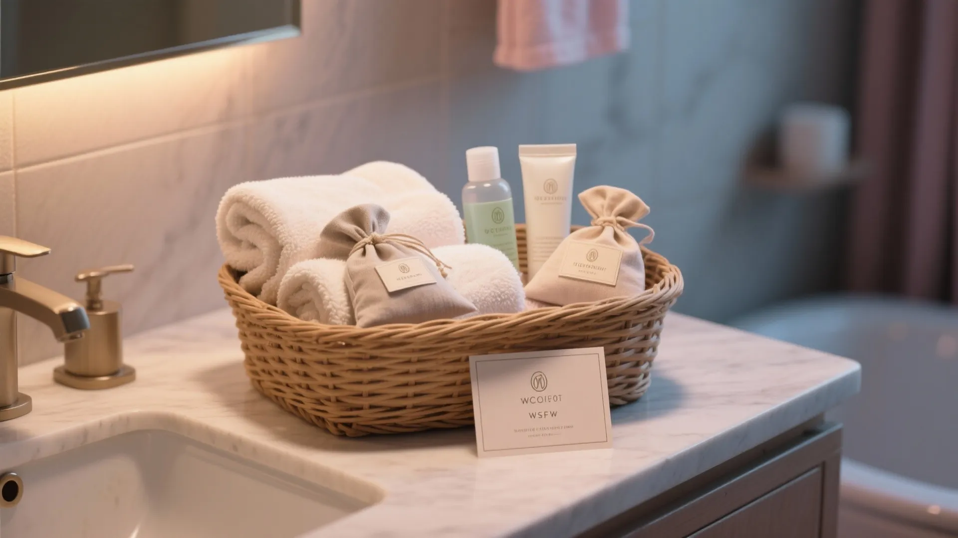 Woven basket containing white towels and small bottles on a marble bathroom vanity top surface