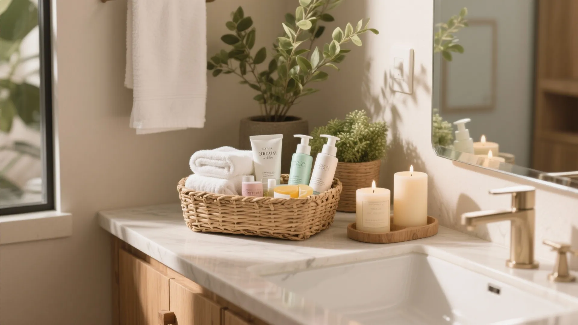 Bathroom counter with woven basket containing white towels lotion bottles lit candles and green plant