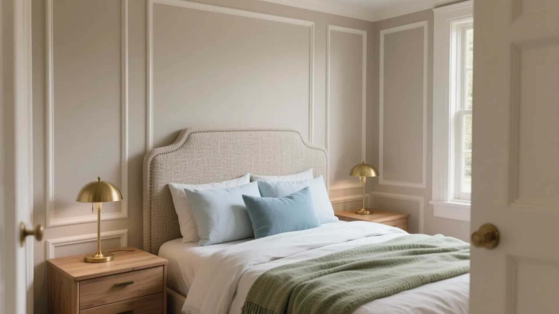 Neutral guest bedroom with beige wall panel, golden table lamps, and soft green bed throw
