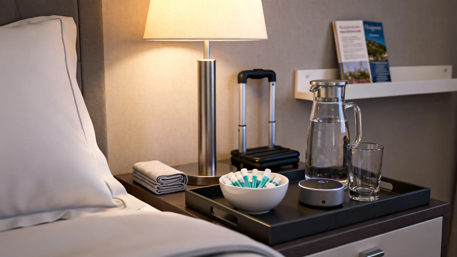 Bedside tray with water, earplugs, Bluetooth speaker and a guidebook