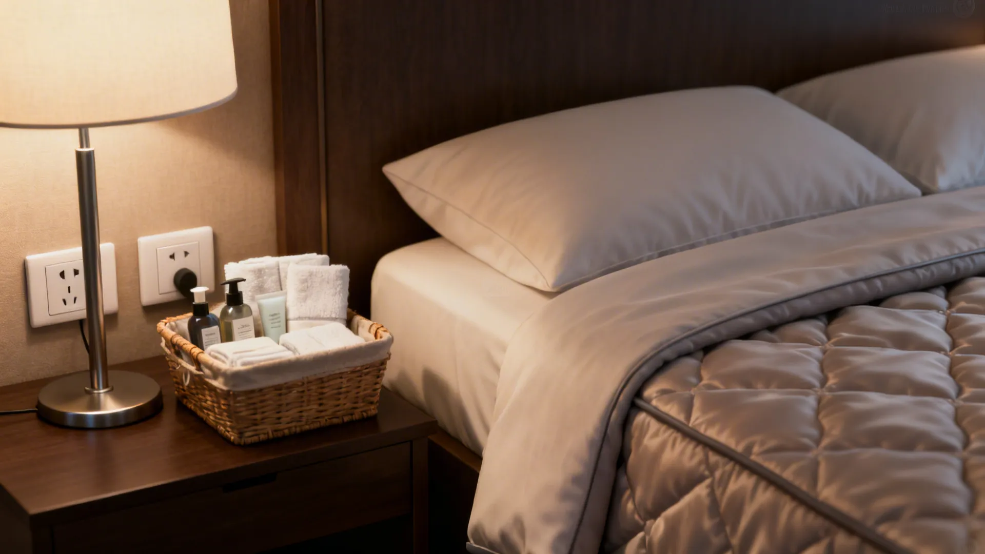 Hotel bedroom nightstand with warm table light and a small basket filled with guest towels